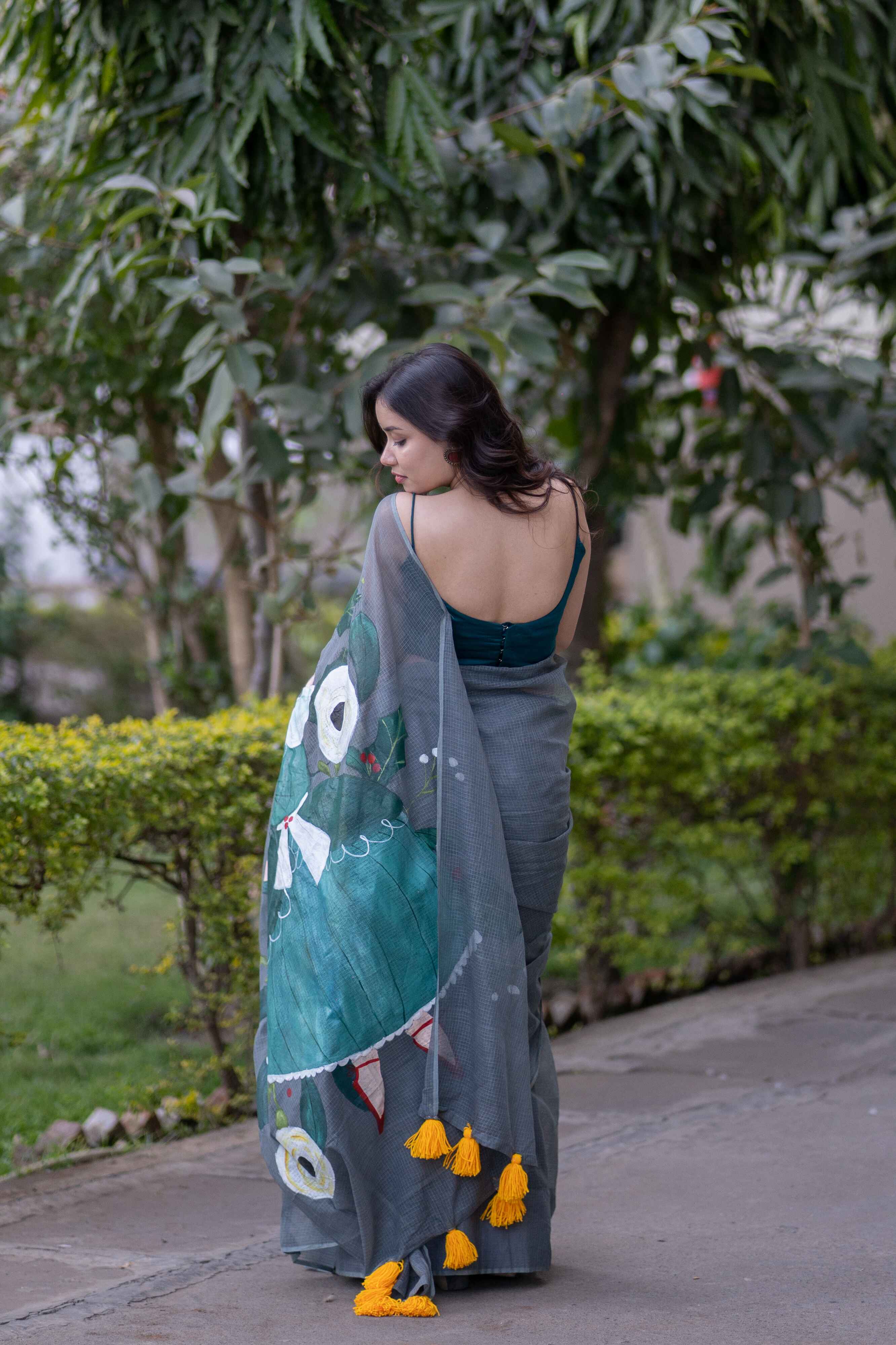 Rhythm & Grace- Grey Handpainted Saree