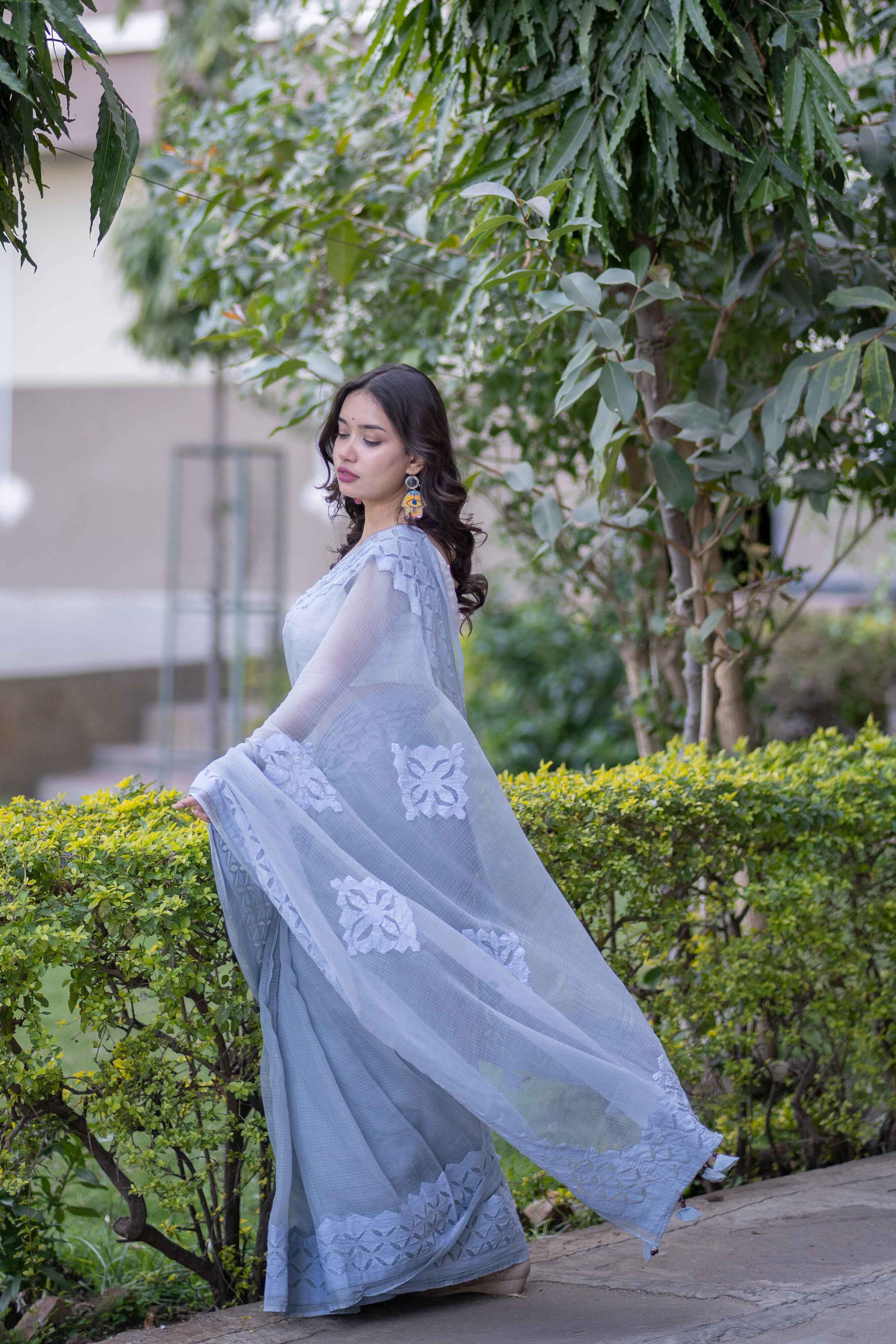 Vanshika - Grey Applique Kota Saree