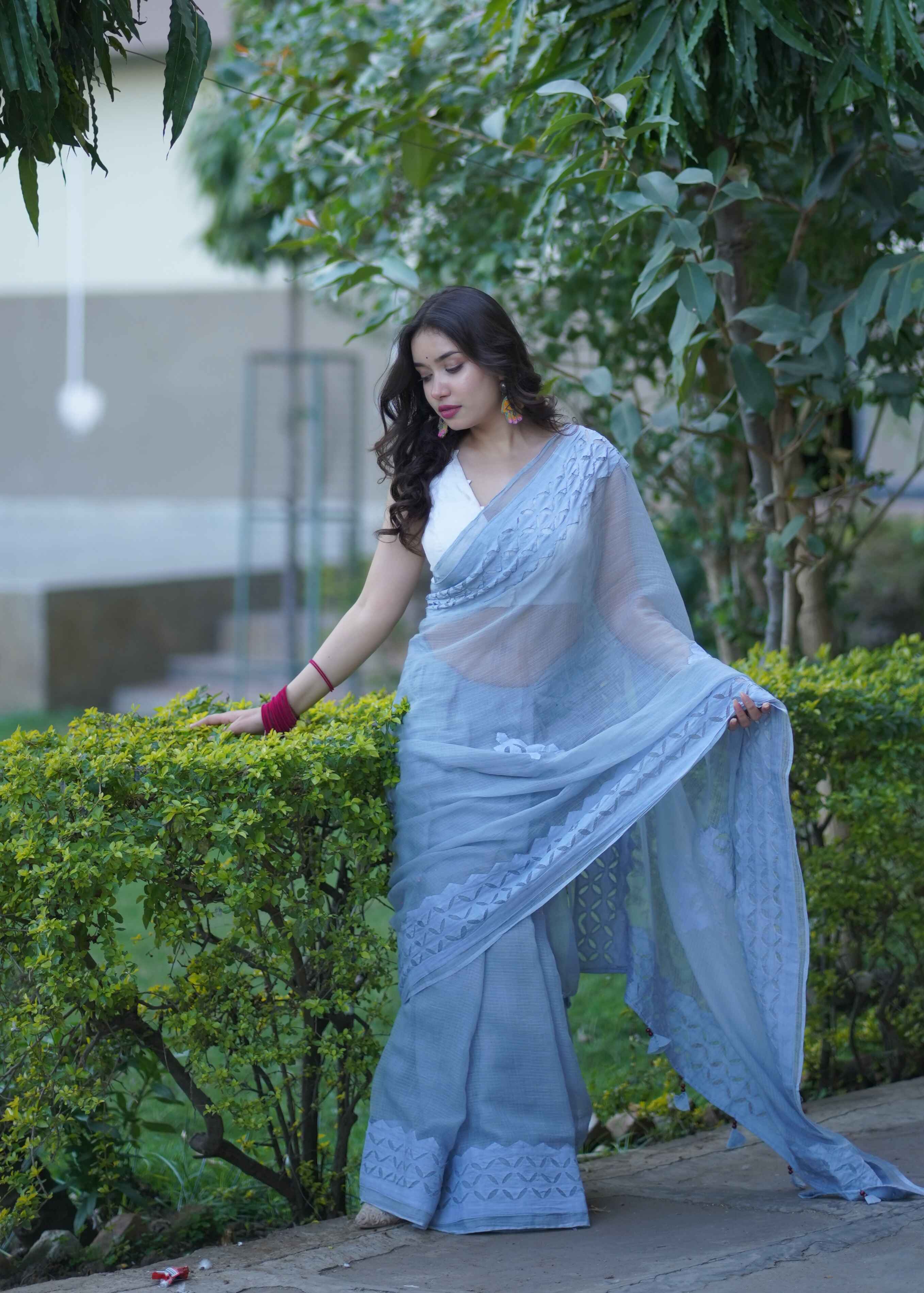 Vanshika - Grey Applique Kota Saree