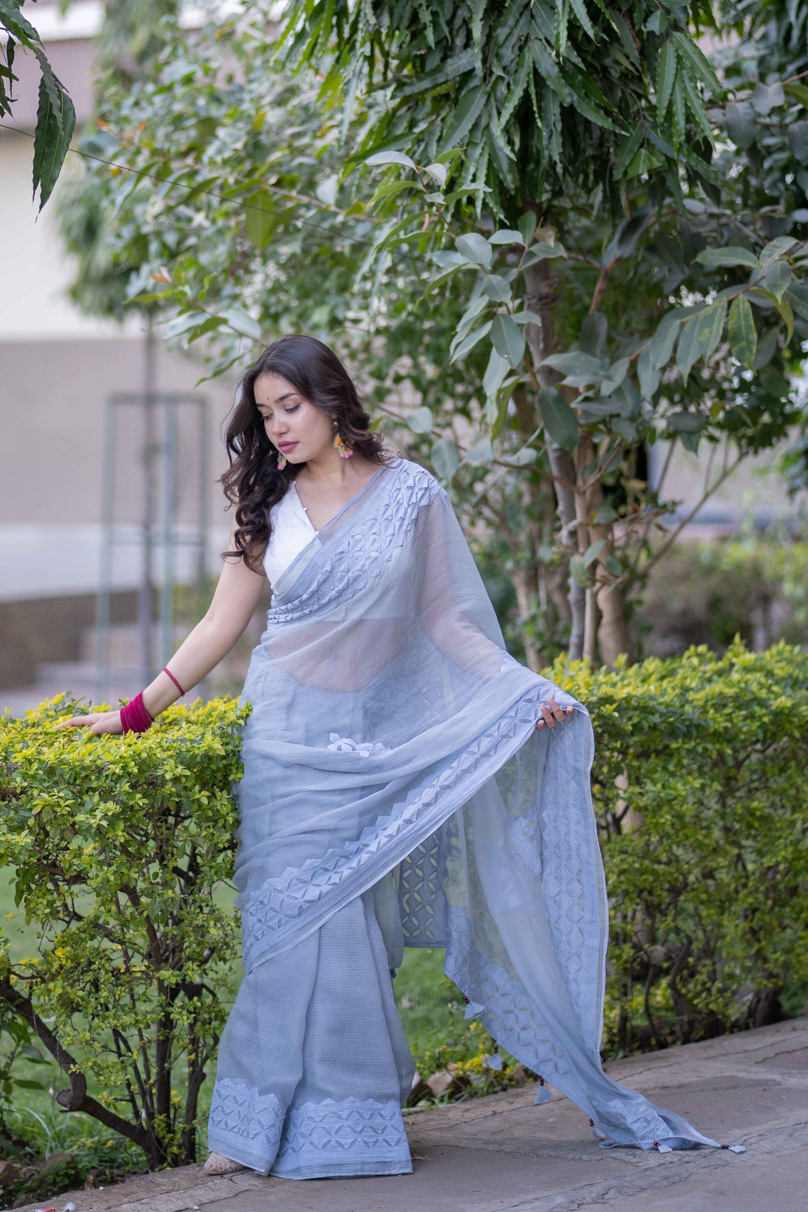 Vanshika - Grey Applique Kota Saree