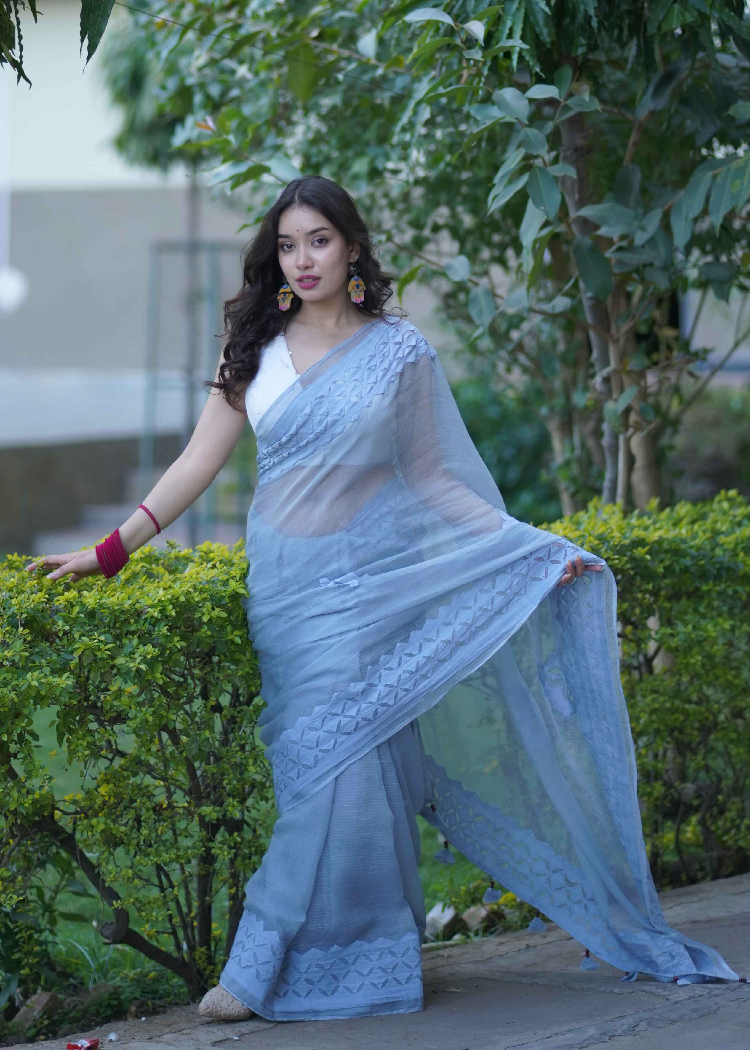 Vanshika - Grey Applique Kota Saree