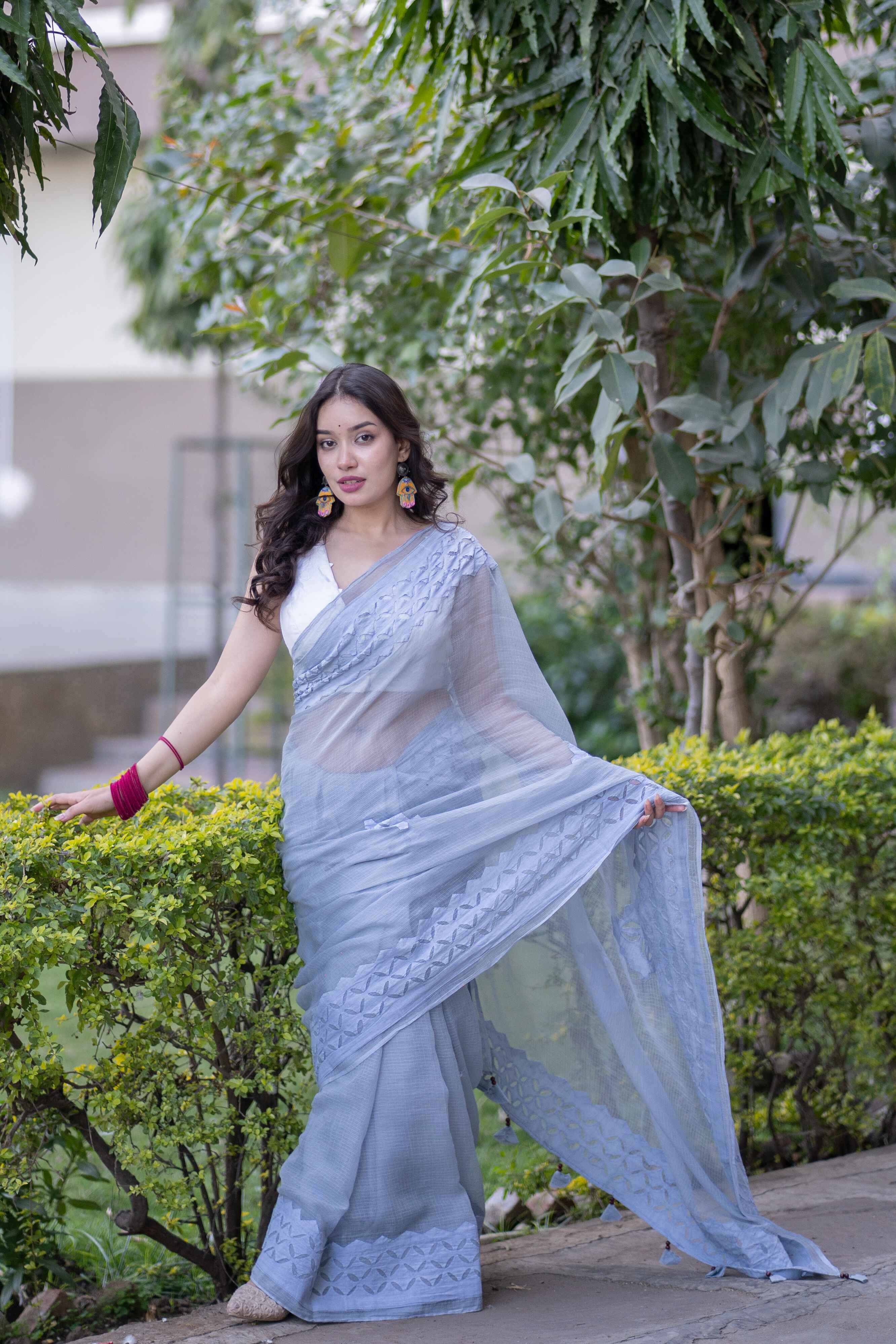 Vanshika - Grey Applique Kota Saree