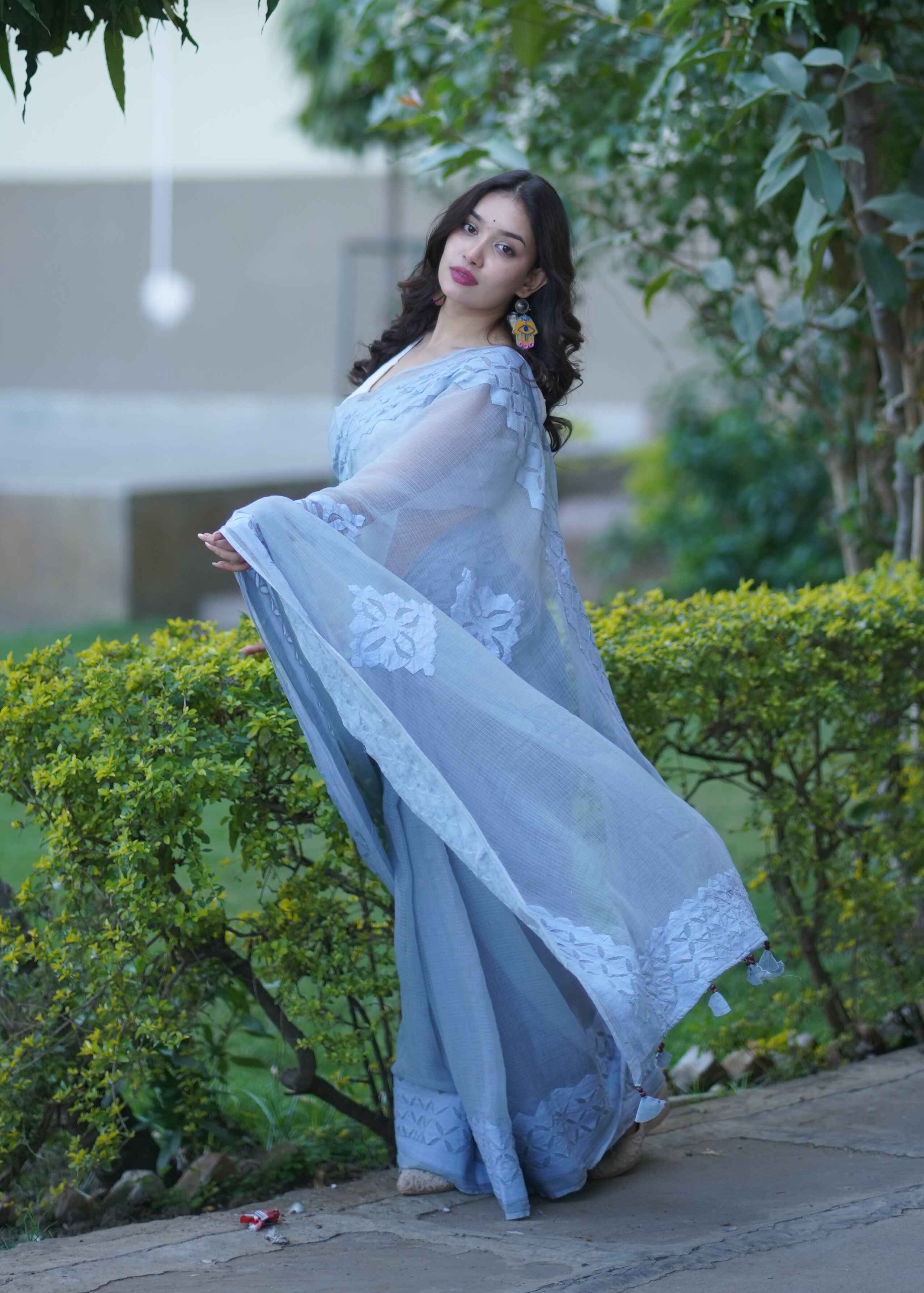 Vanshika - Grey Applique Kota Saree