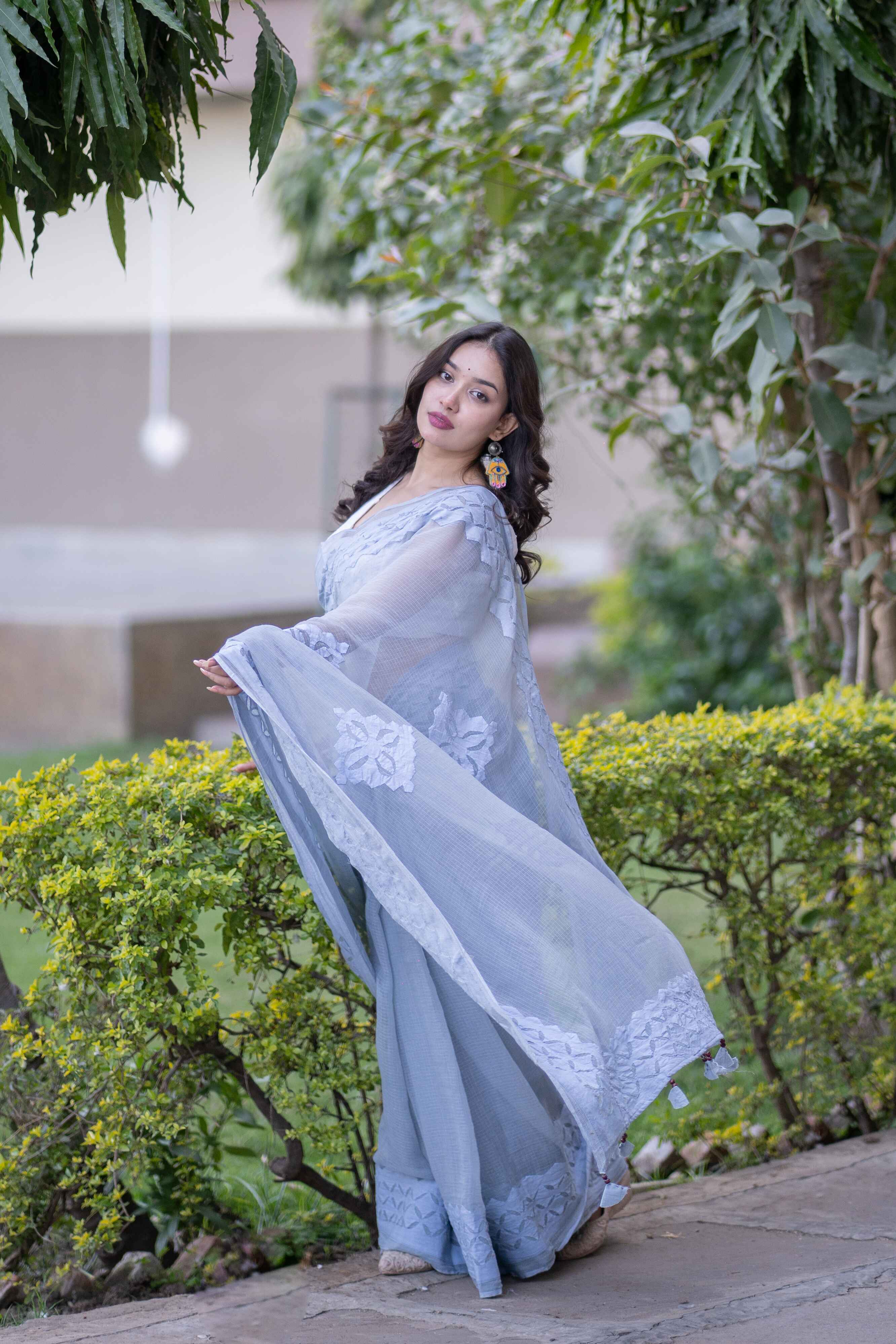 Vanshika - Grey Applique Kota Saree