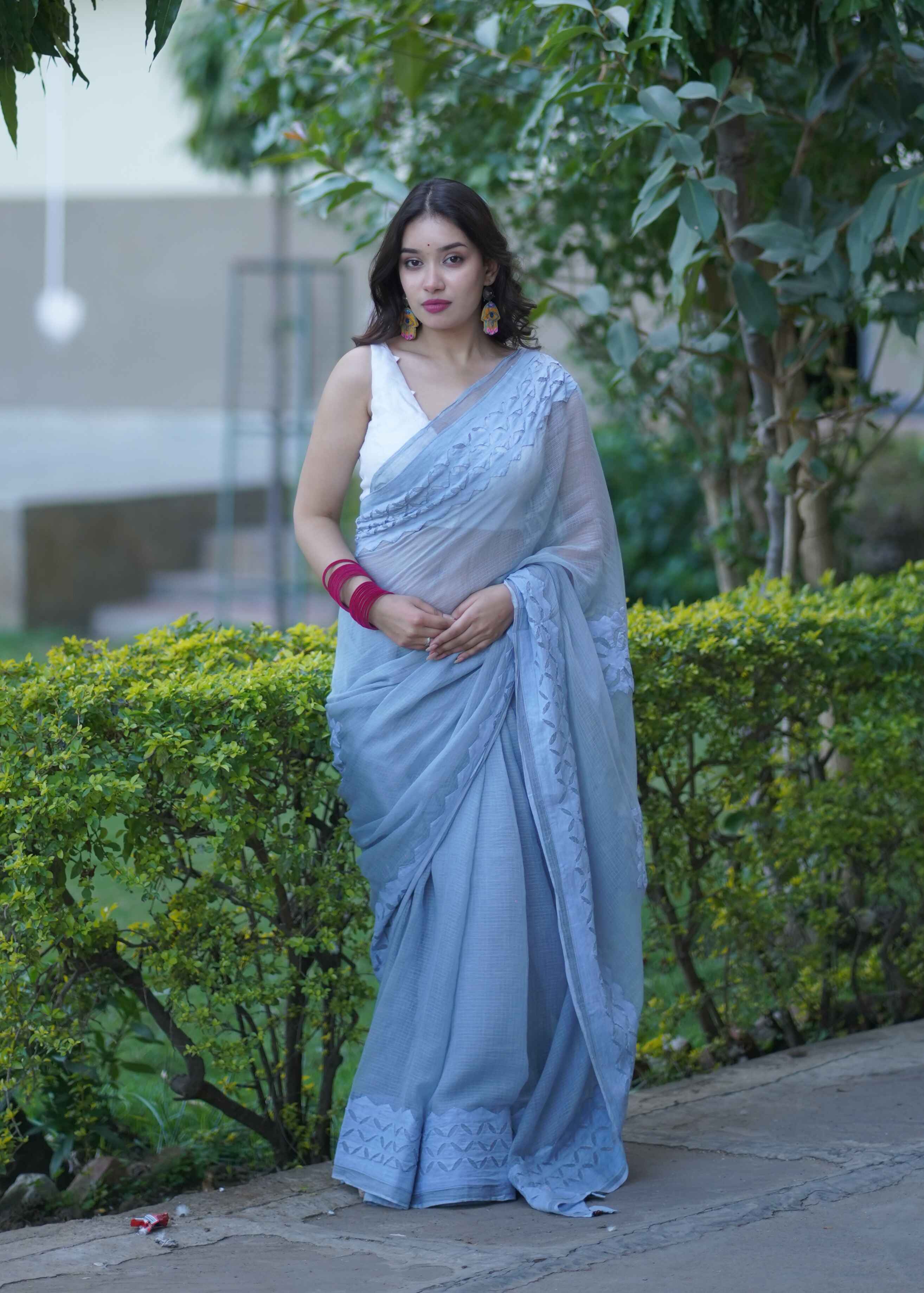 Vanshika - Grey Applique Kota Saree