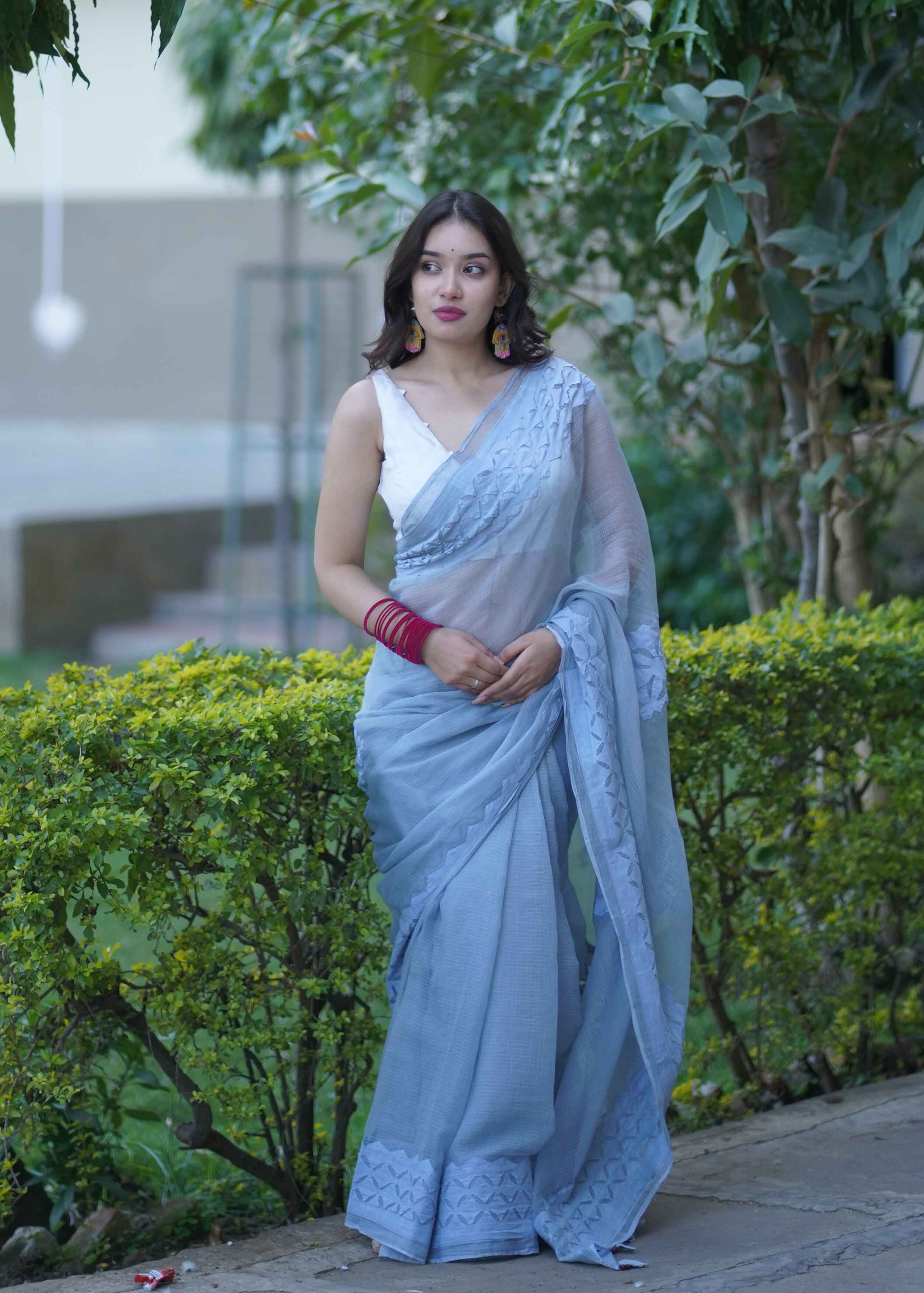 Vanshika - Grey Applique Kota Saree