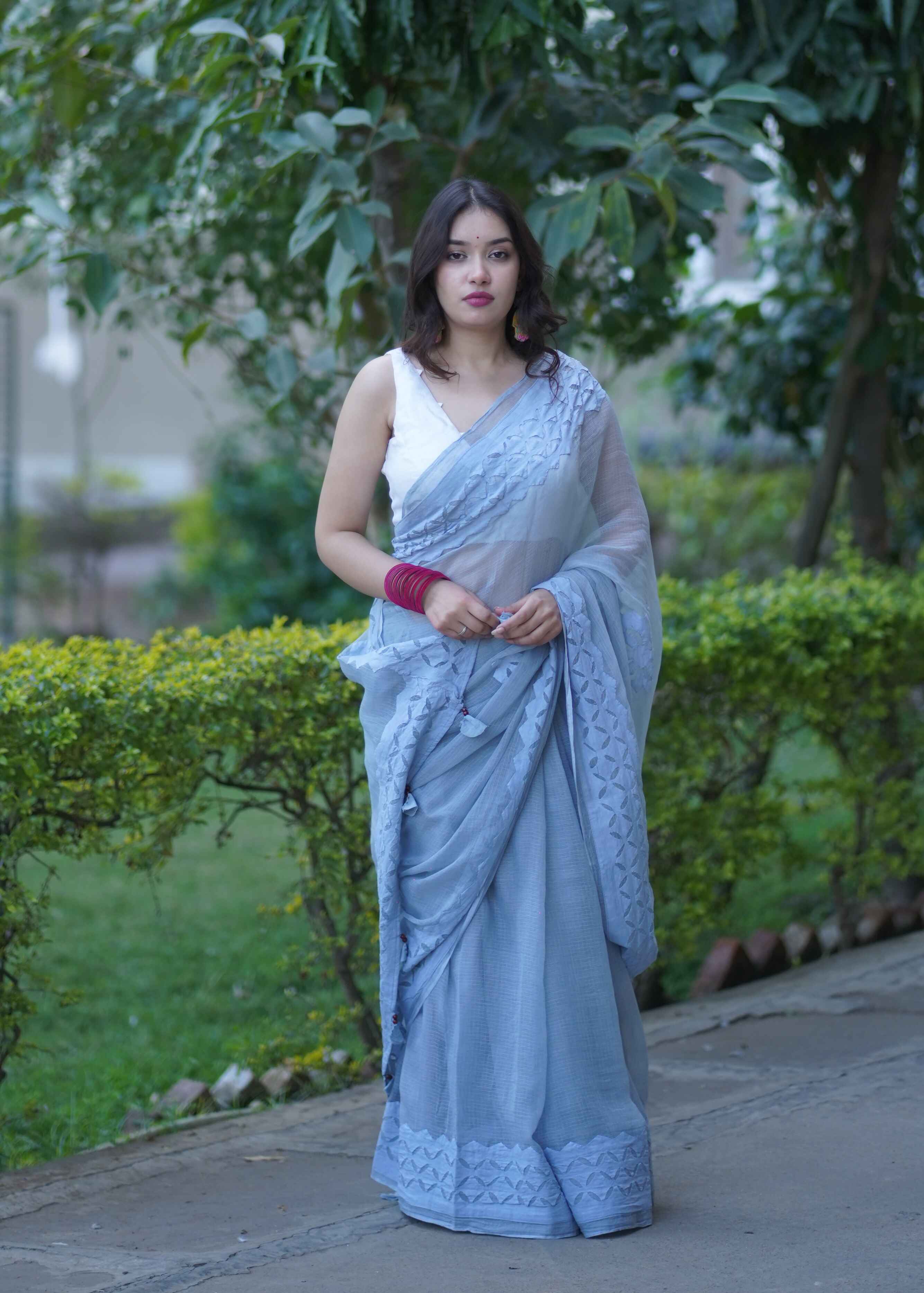 Vanshika - Grey Applique Kota Saree