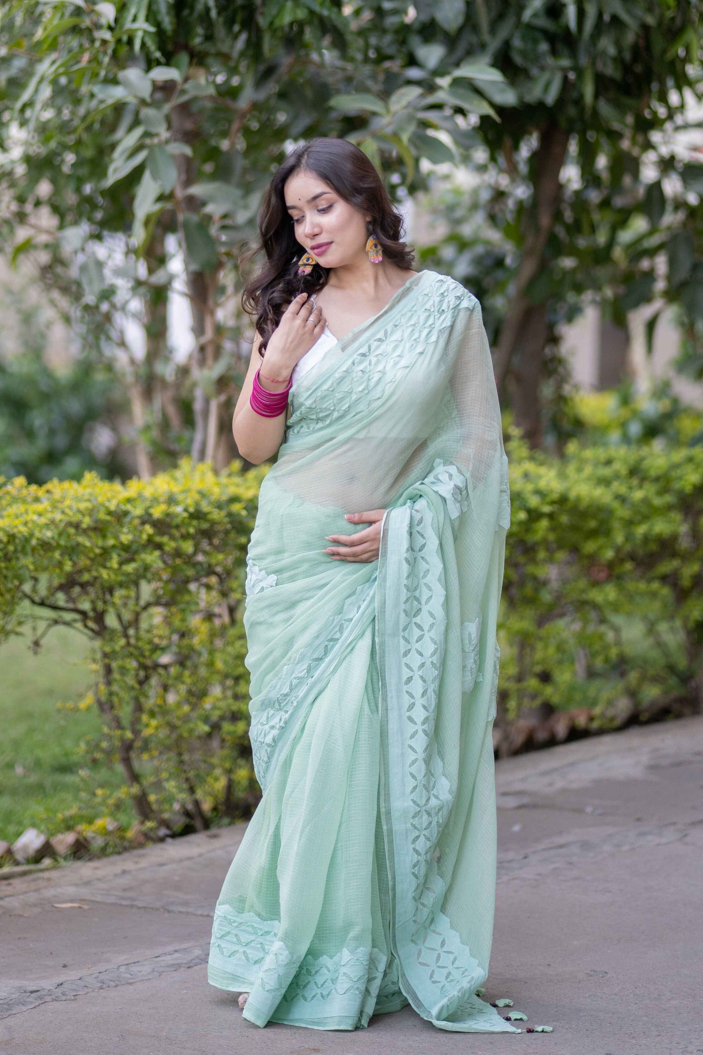 Anshika- Light Green Applique Kota Saree