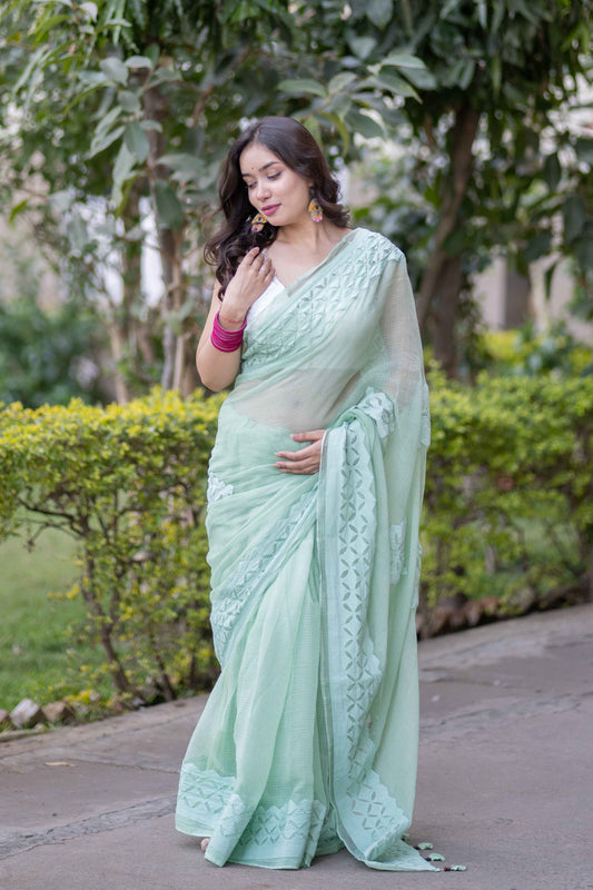 Anshika- Light Green Applique Kota Saree