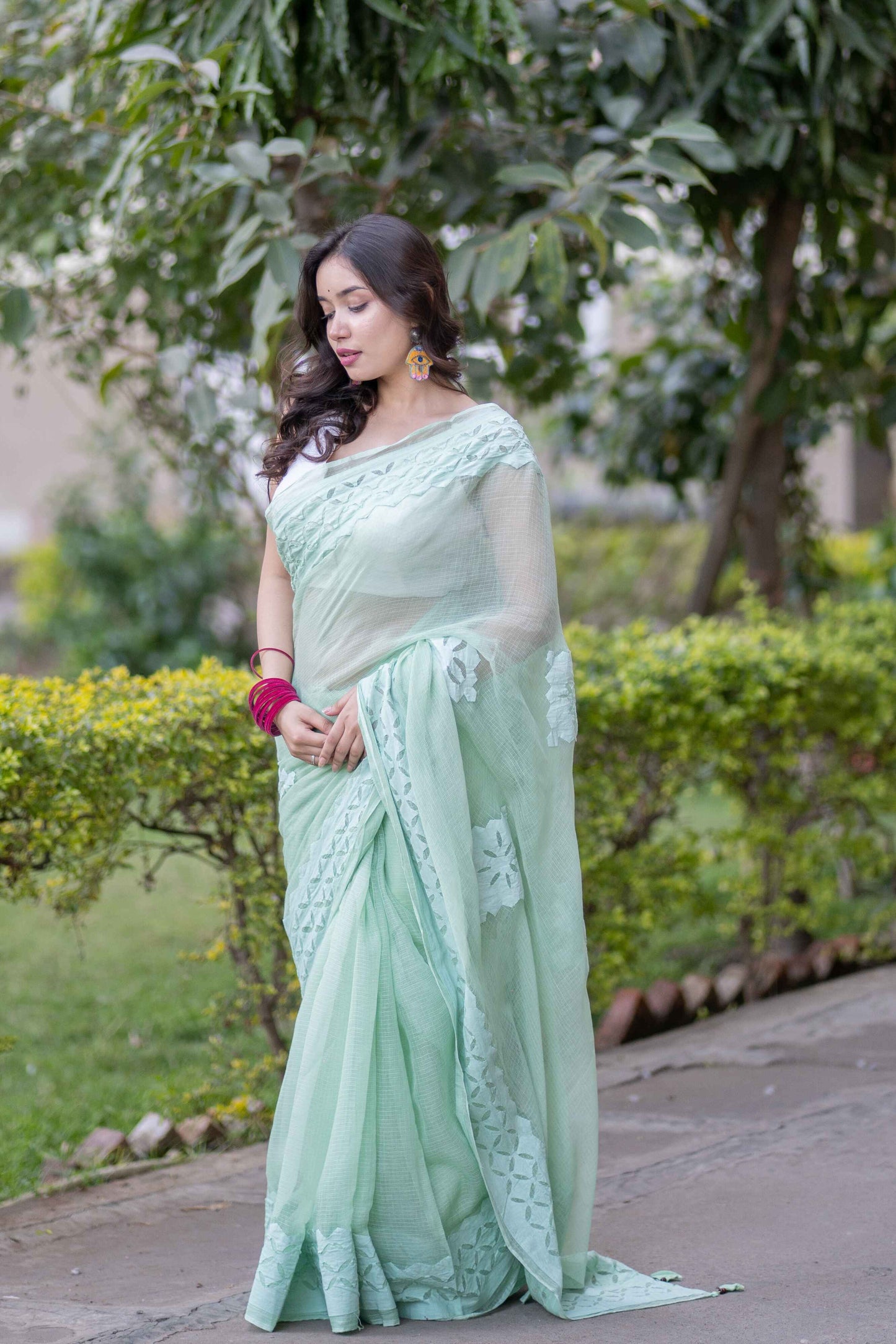 Anshika- Light Green Applique Kota Saree