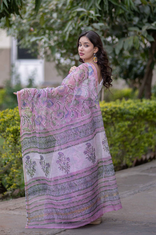 Rangchhavi- Pink Floral Kota Doria Saree