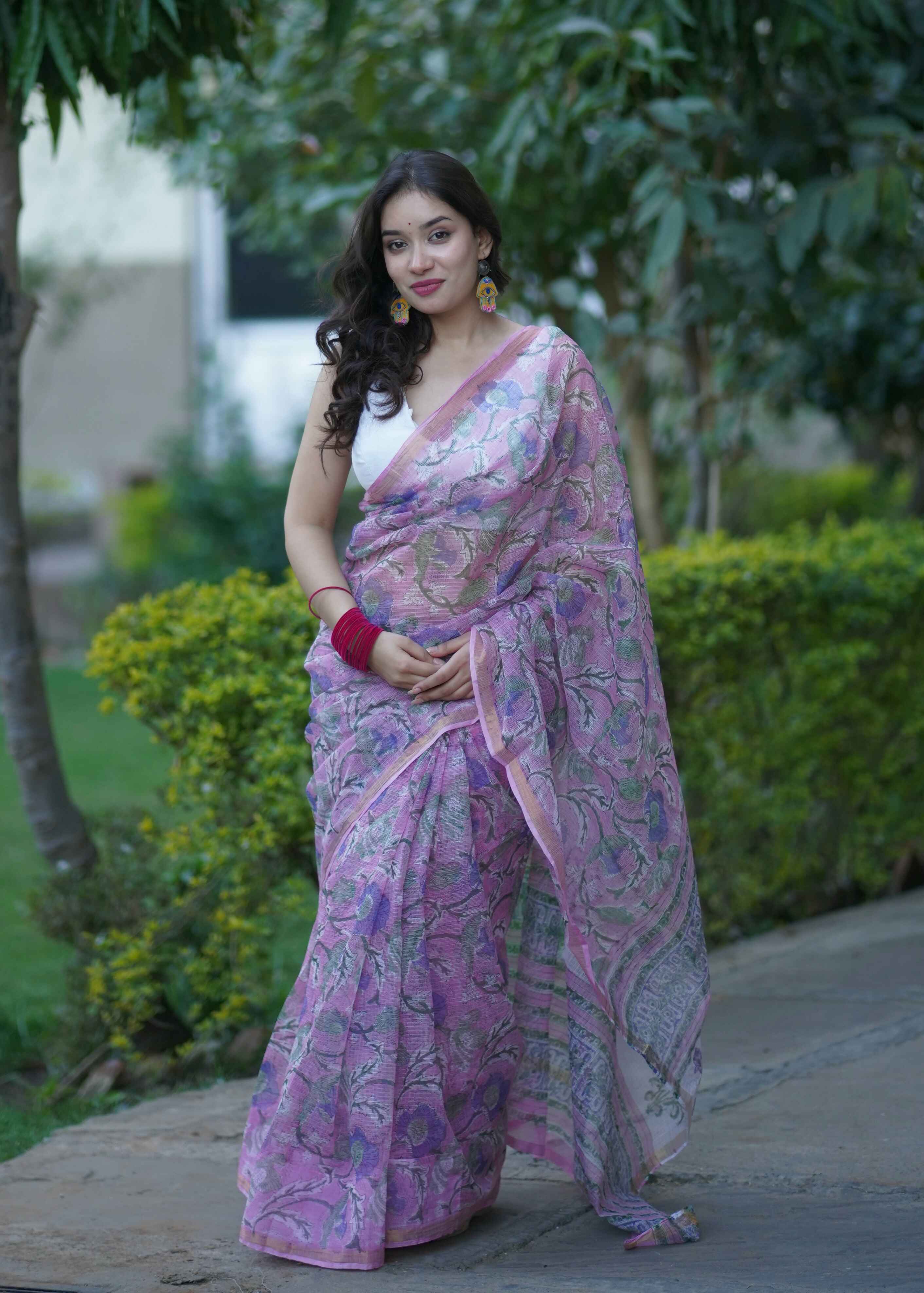 Rangchhavi- Pink Floral Kota Doria Saree