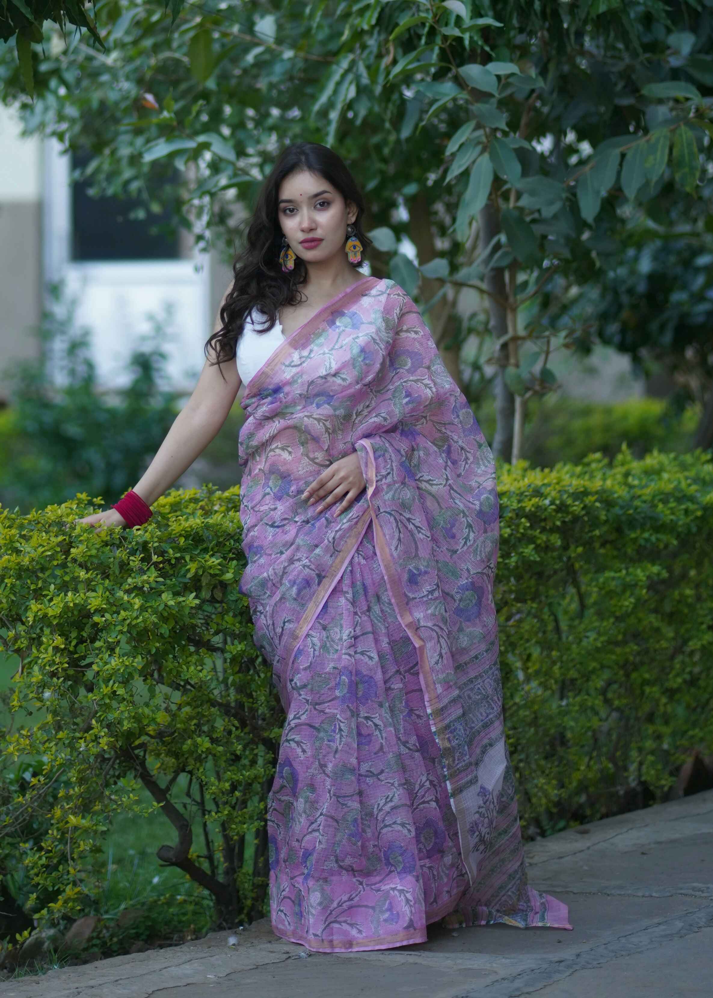 Rangchhavi- Pink Floral Kota Doria Saree