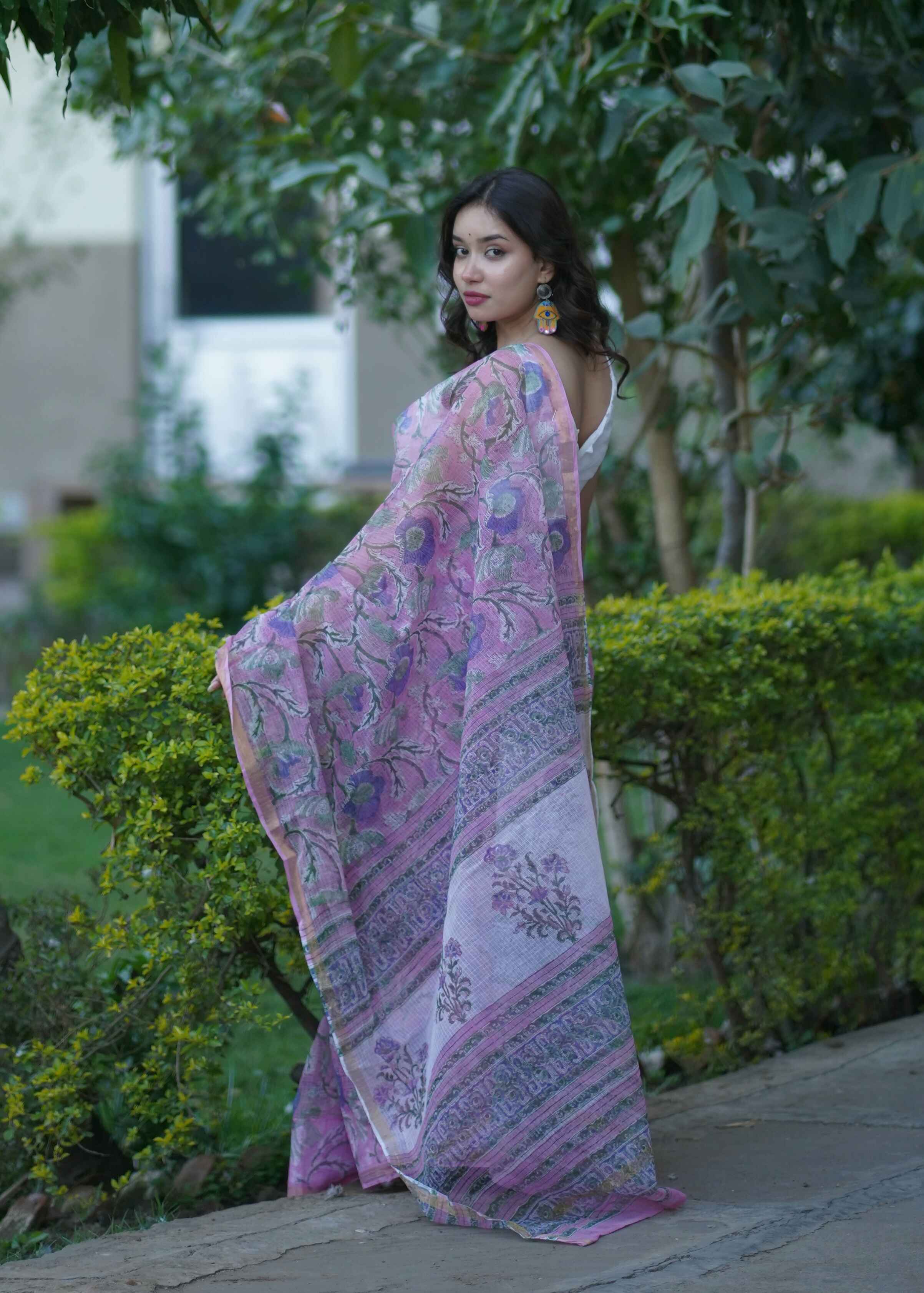 Rangchhavi- Pink Floral Kota Doria Saree