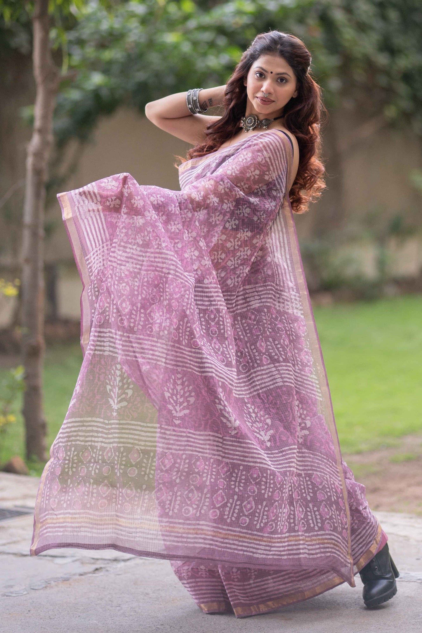 Rekhini - Purple Kota Doria Saree