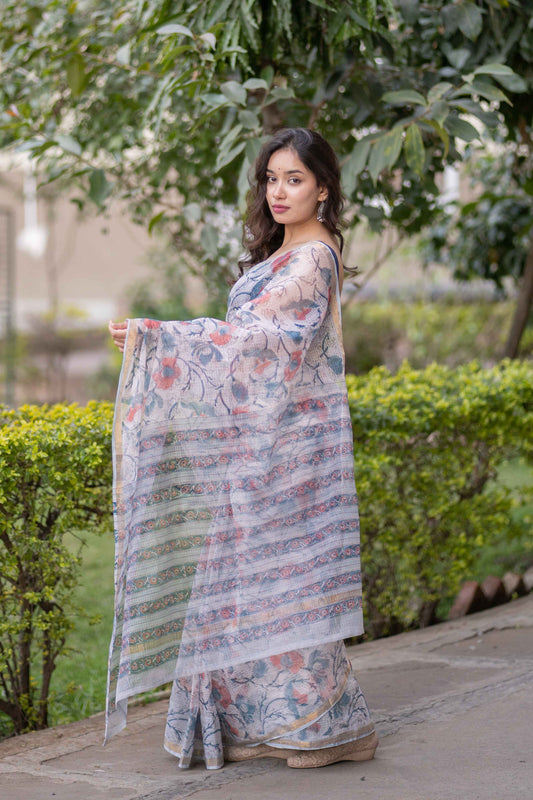 Kshitija- White Floral Kota Doria Saree