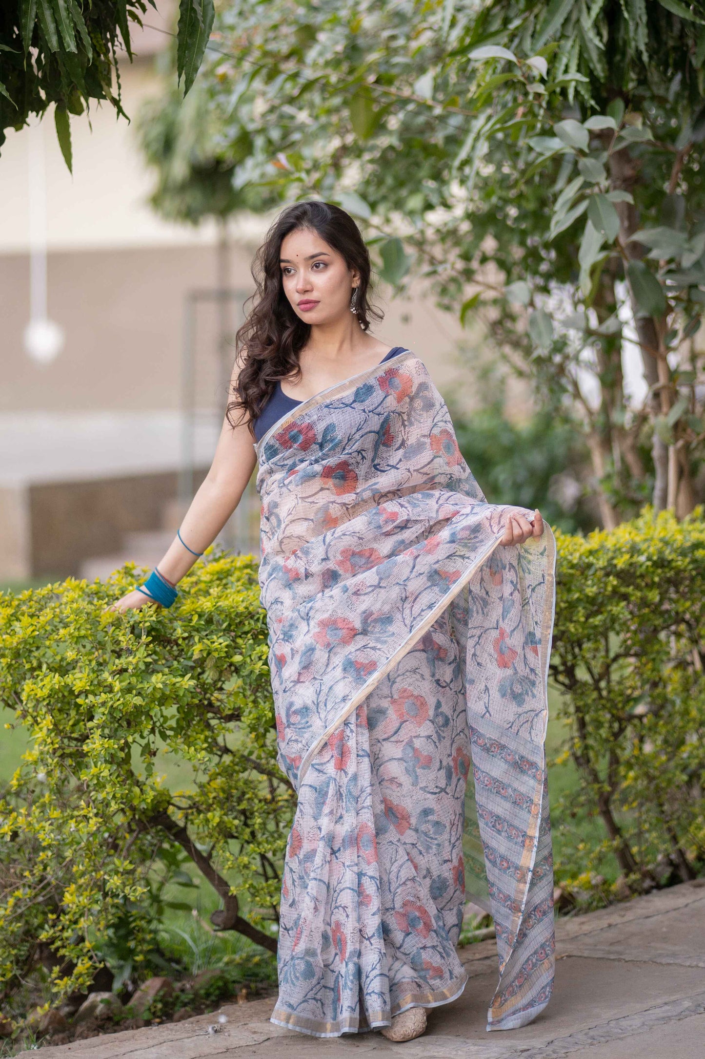 Kshitija- White Floral Kota Doria Saree