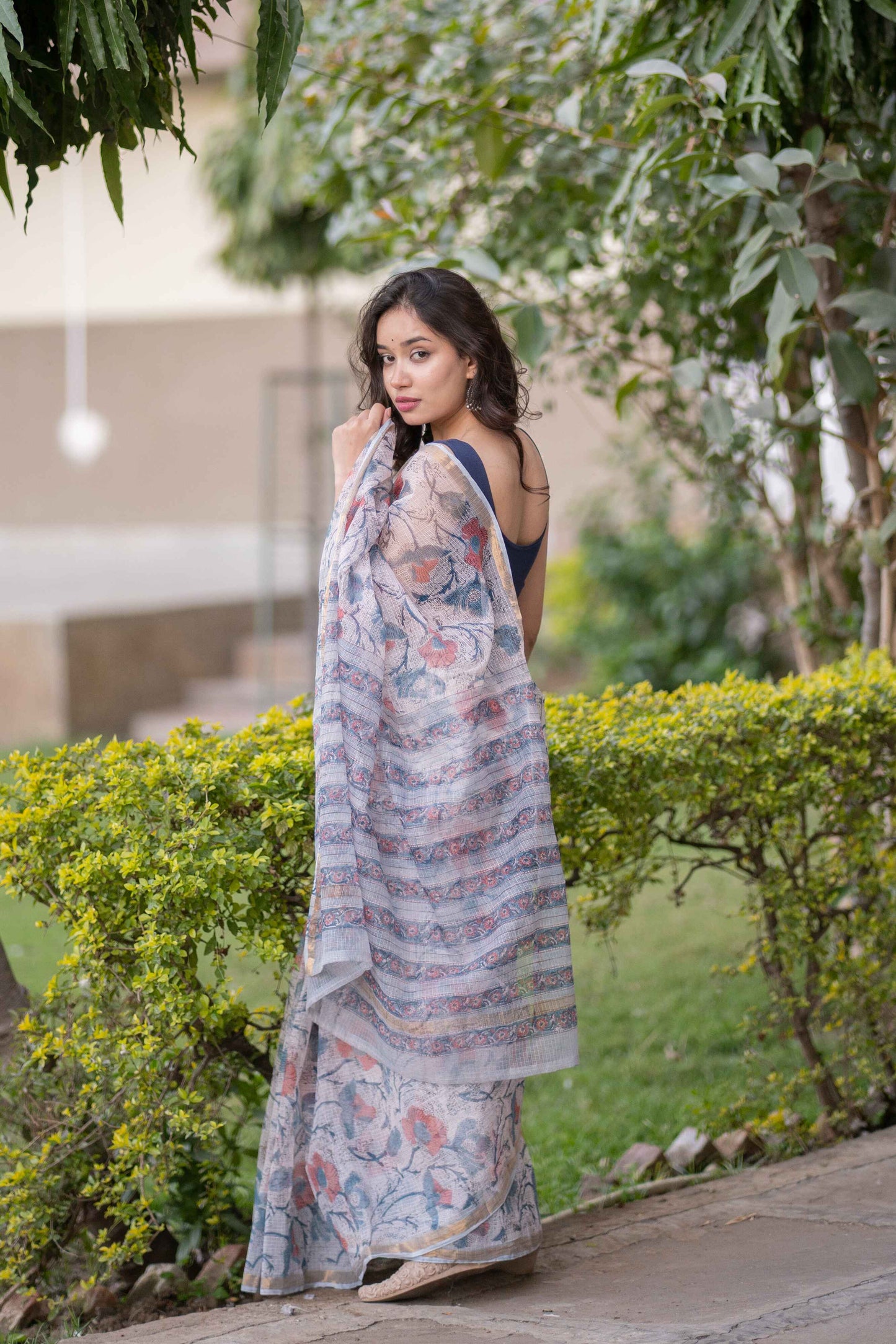Kshitija- White Floral Kota Doria Saree