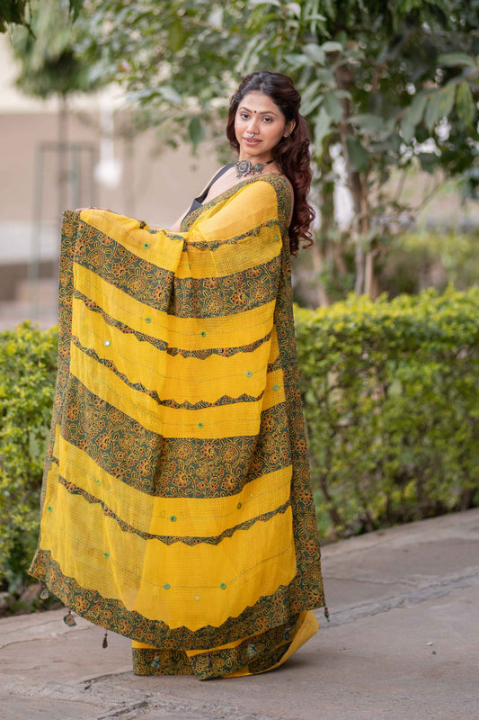 Mani - Ajrakh Applique Kota Saree