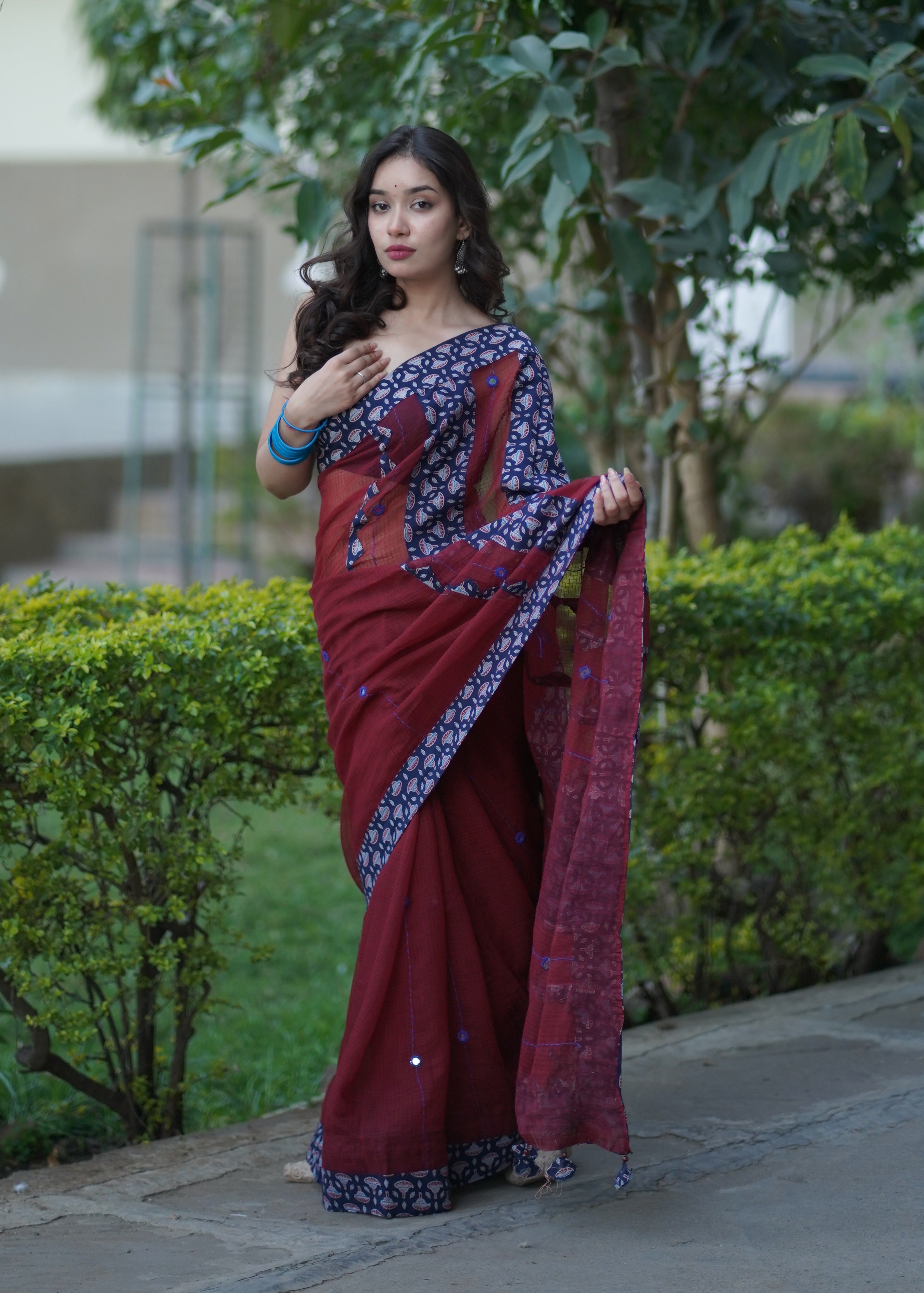Urmila- Maroon Ajrakh Applique Saree