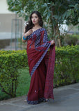 Urmila- Maroon Ajrakh Applique Saree