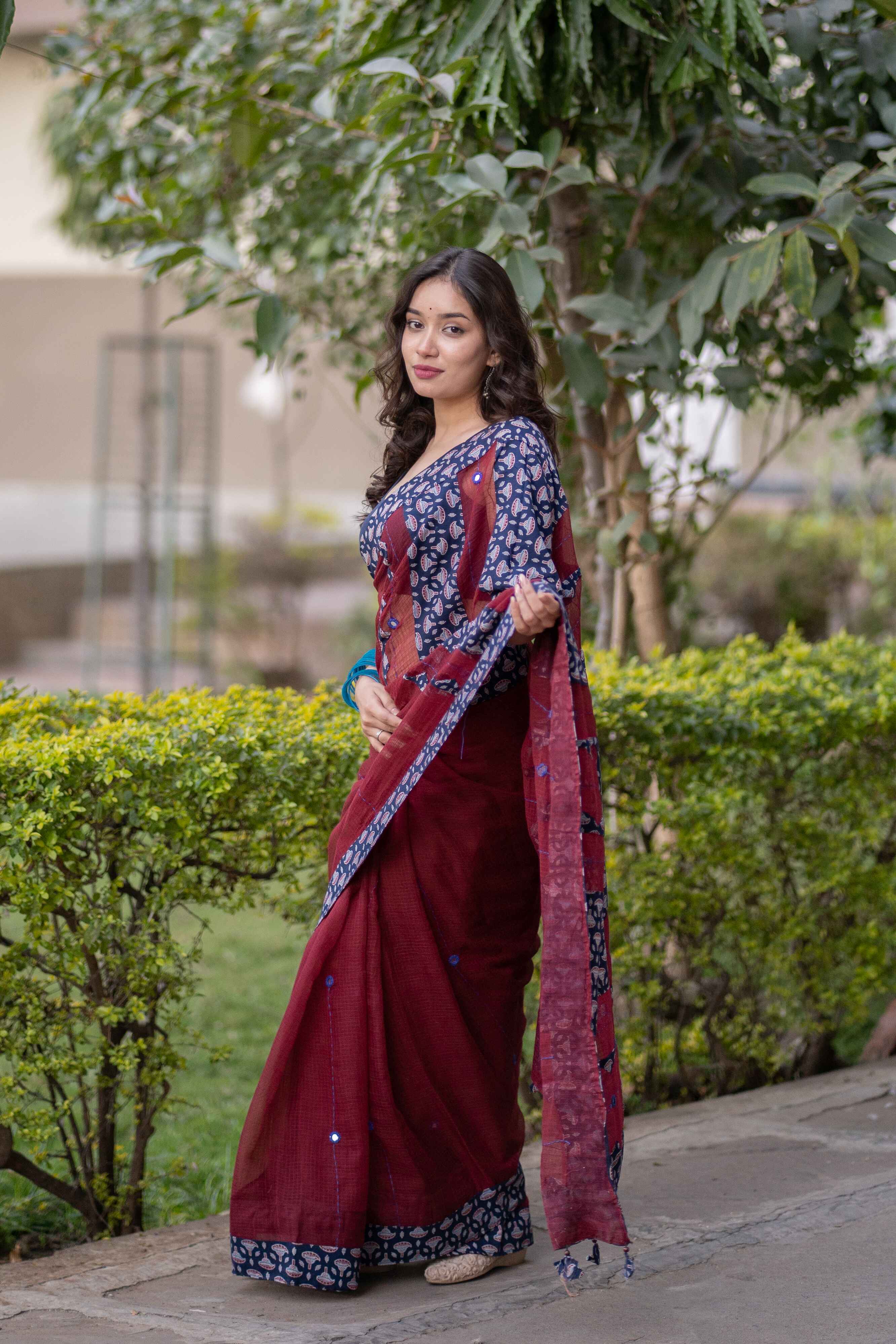 Urmila- Maroon Ajrakh Applique Saree