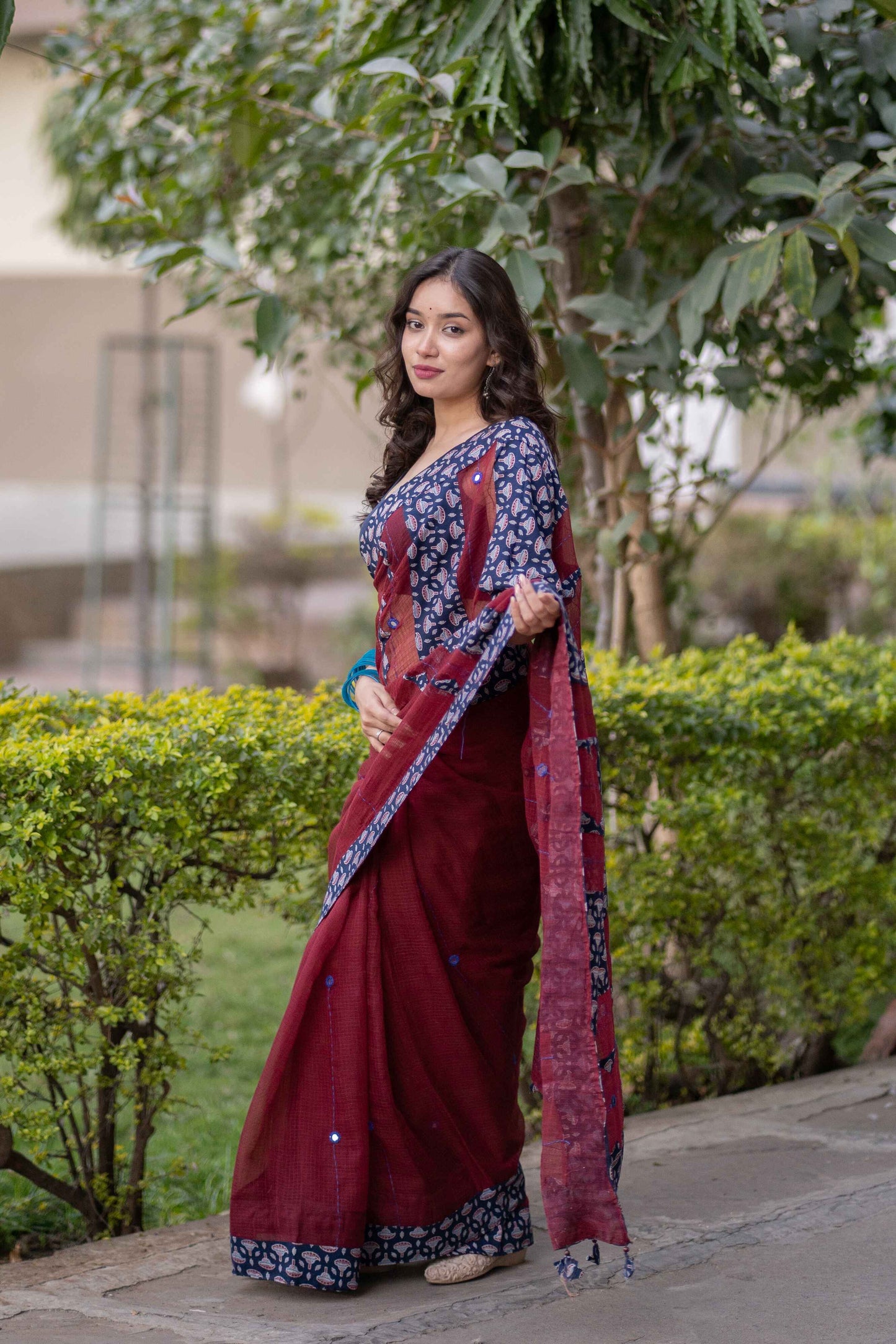 Urmila- Maroon Ajrakh Applique Saree