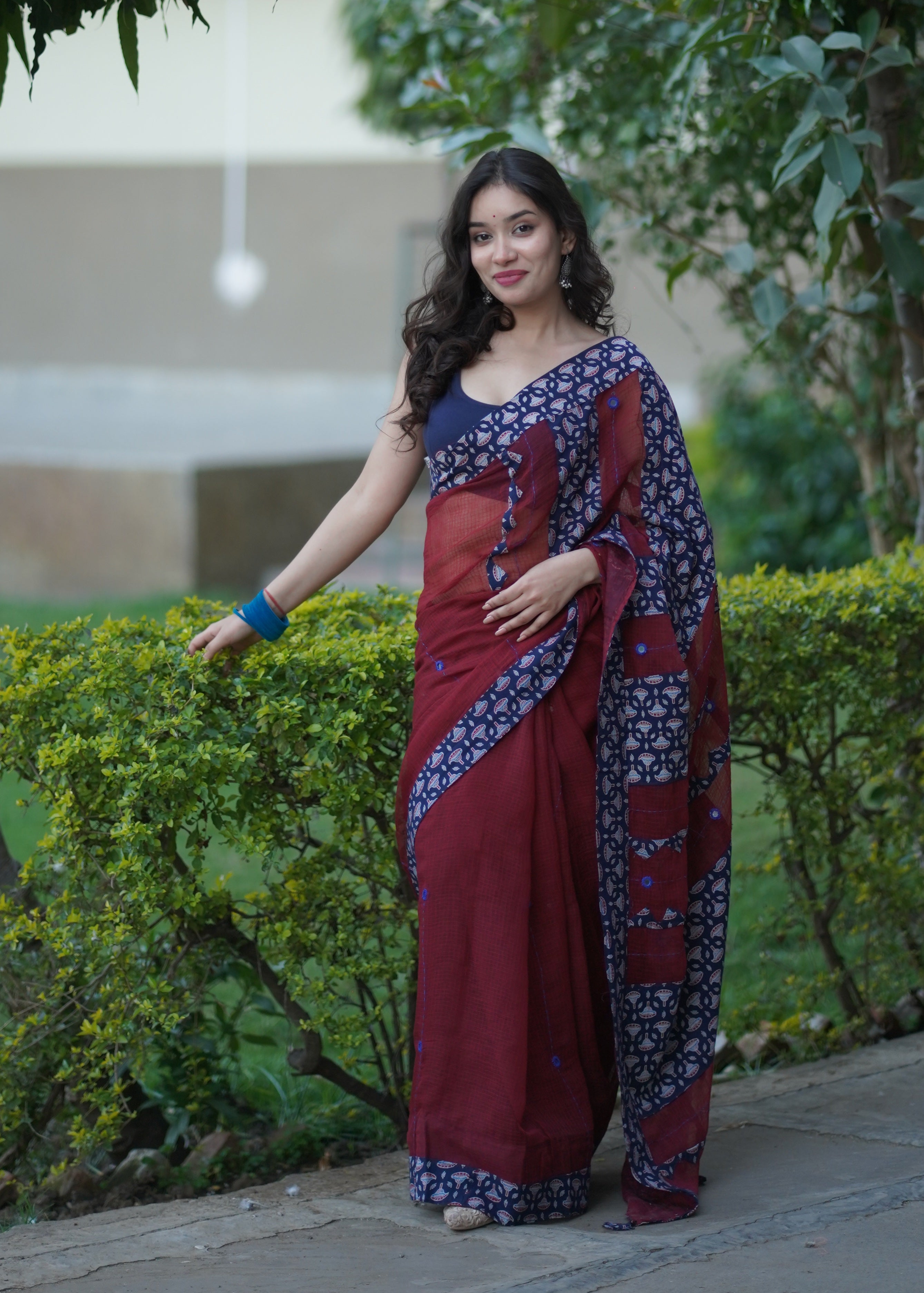Urmila- Maroon Ajrakh Applique Saree