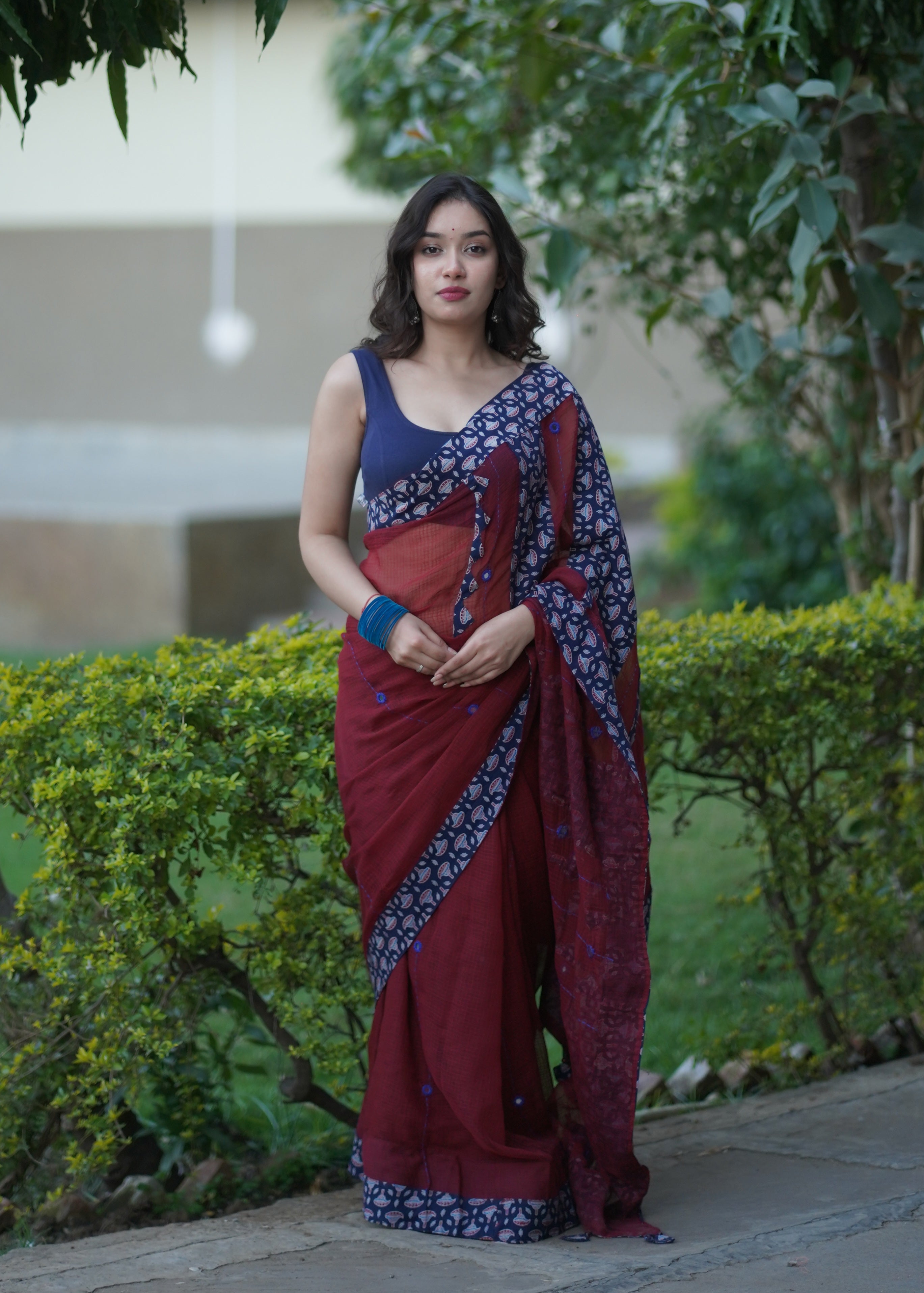 Urmila- Maroon Ajrakh Applique Saree