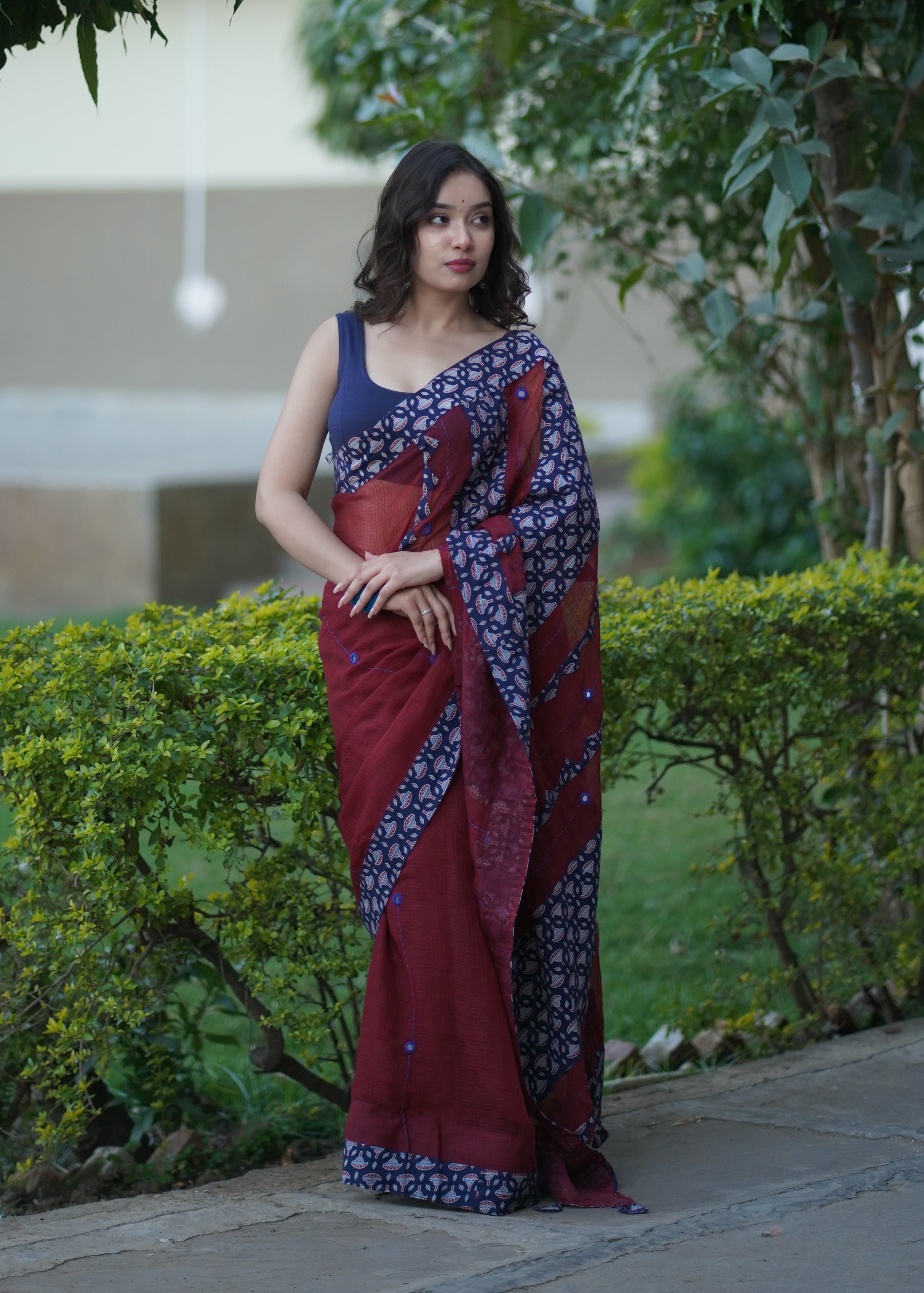 Urmila- Maroon Ajrakh Applique Saree