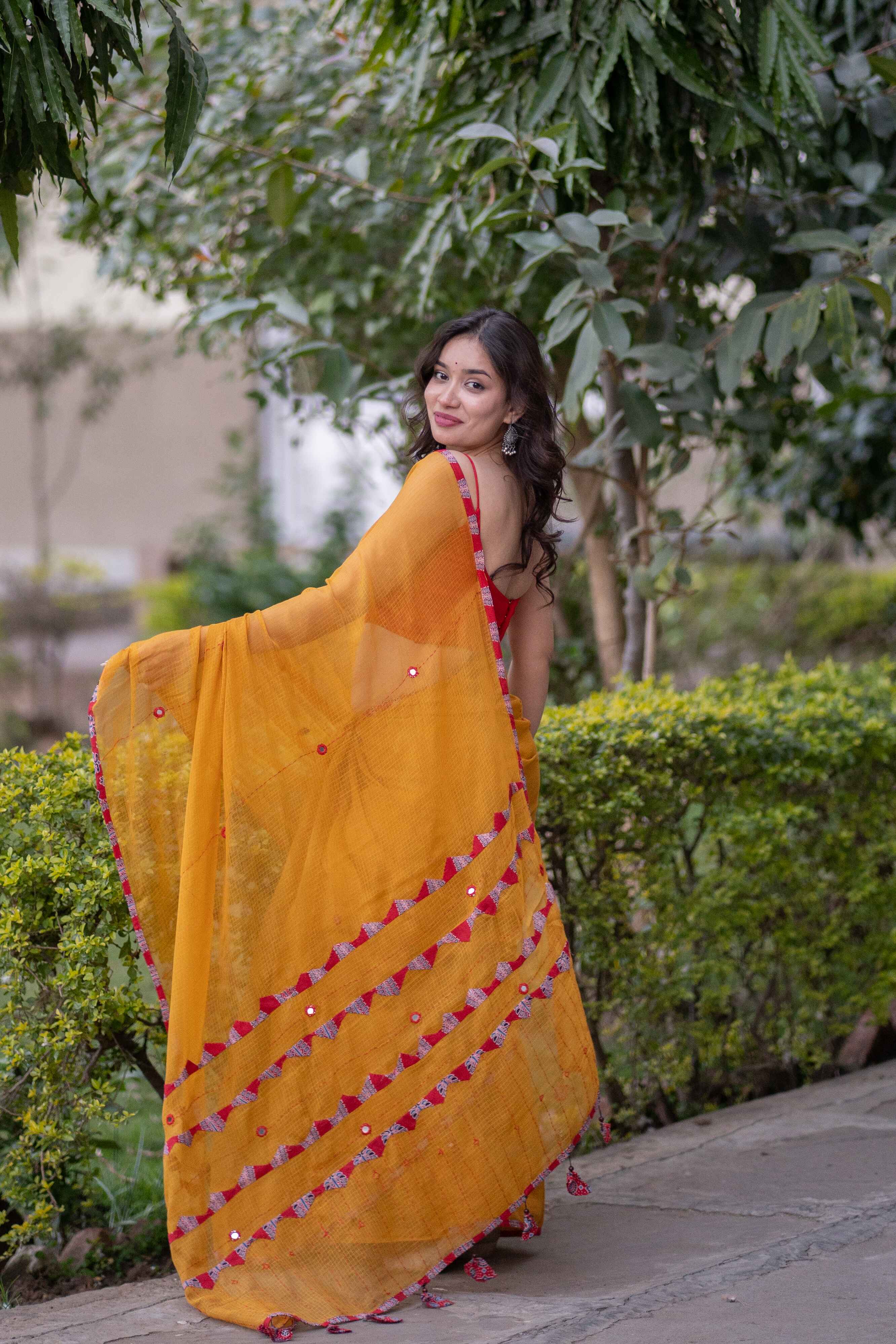 Kamala- Yellow Kota Applique Saree