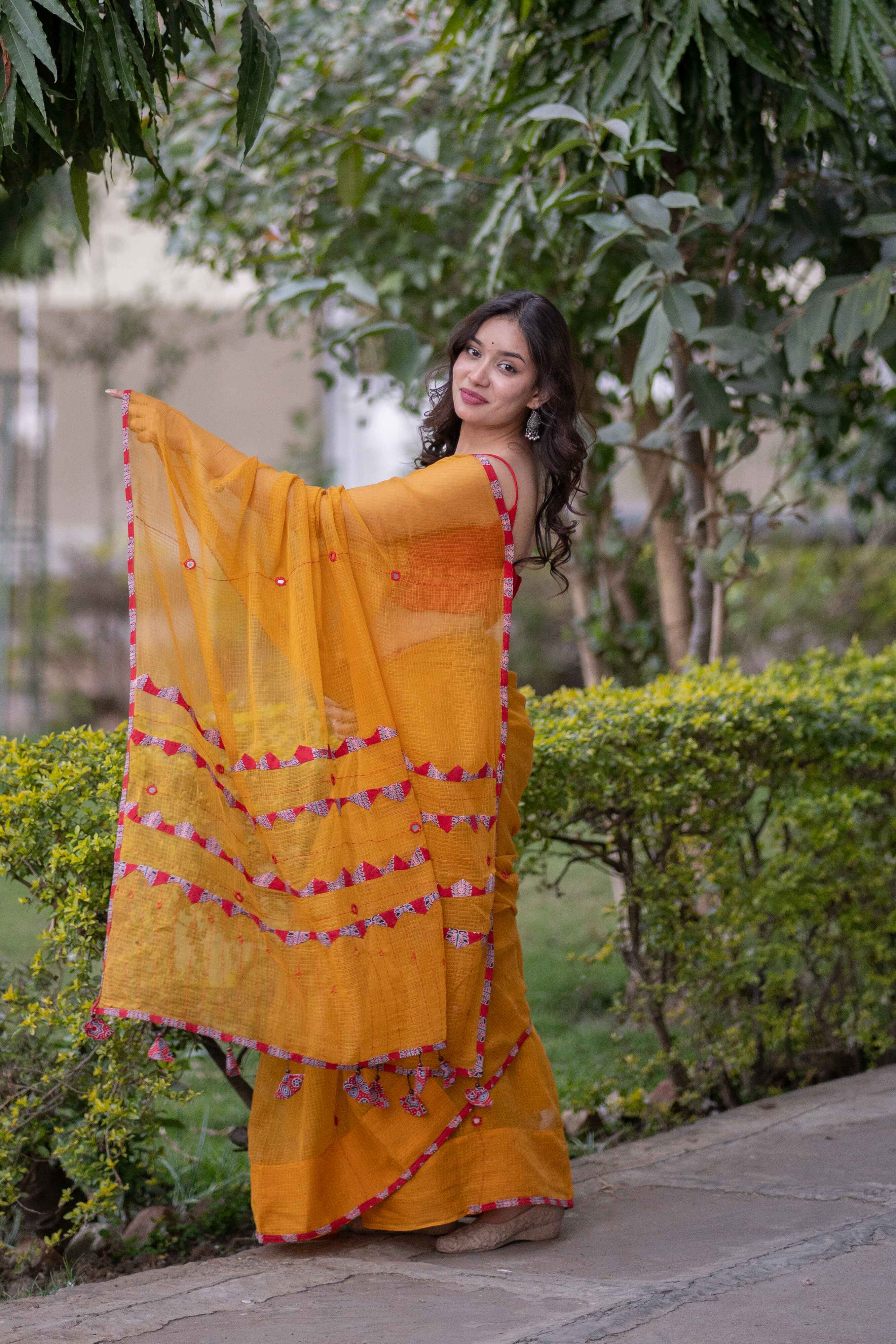 Kamala- Yellow Kota Applique Saree