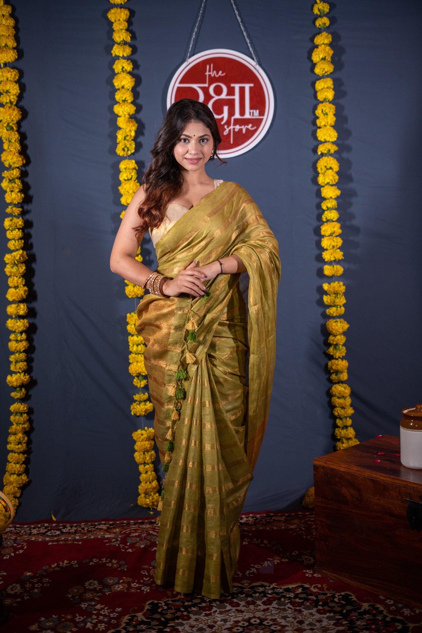 Swarnrekha- Green Striped Linen Saree