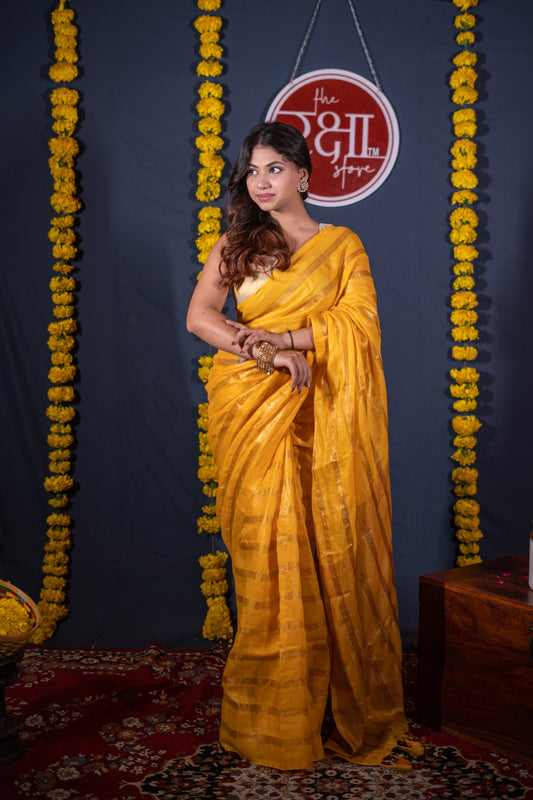 Abhirupa- Yellow Striped Linen Saree