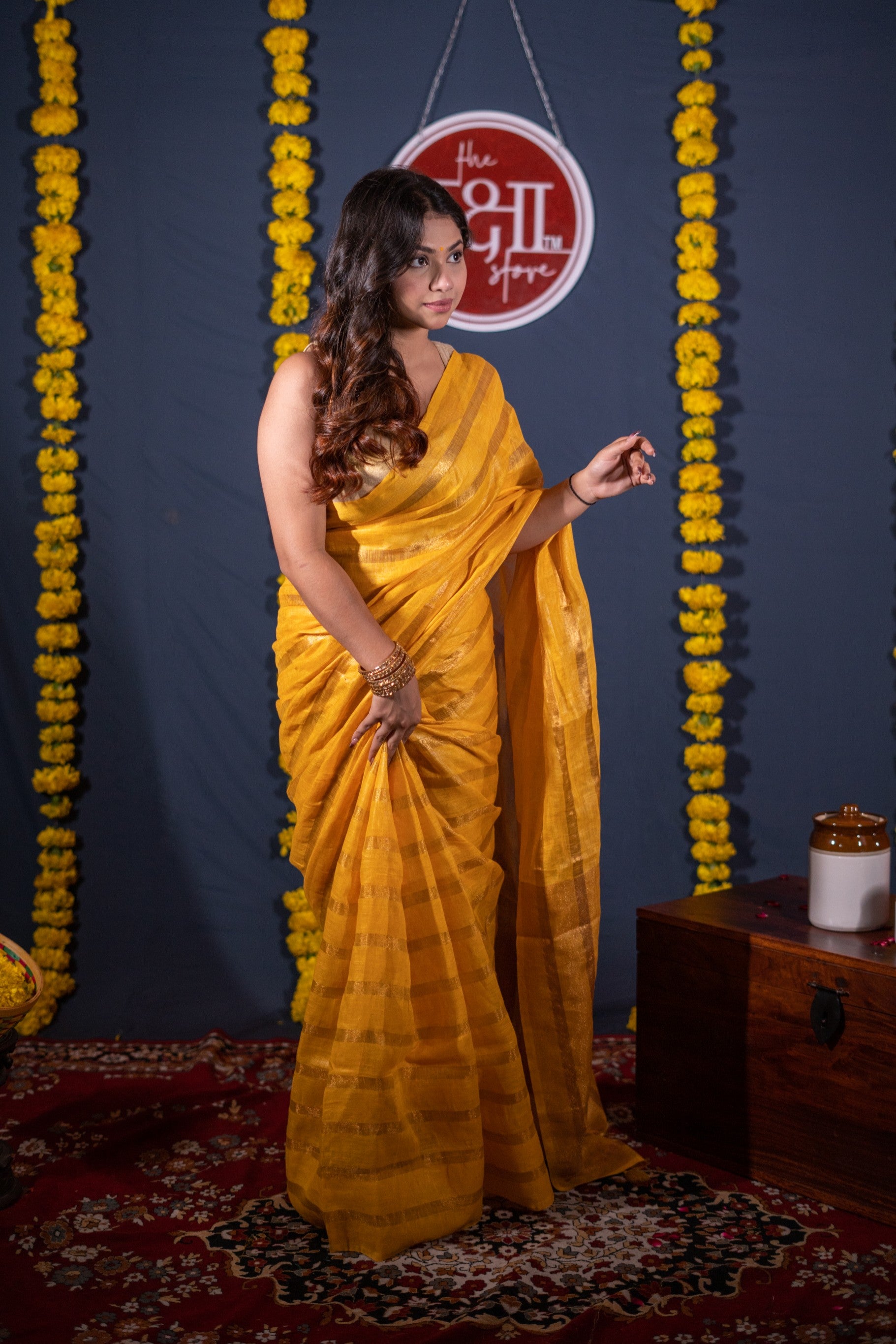 Abhirupa- Yellow Striped Linen Saree