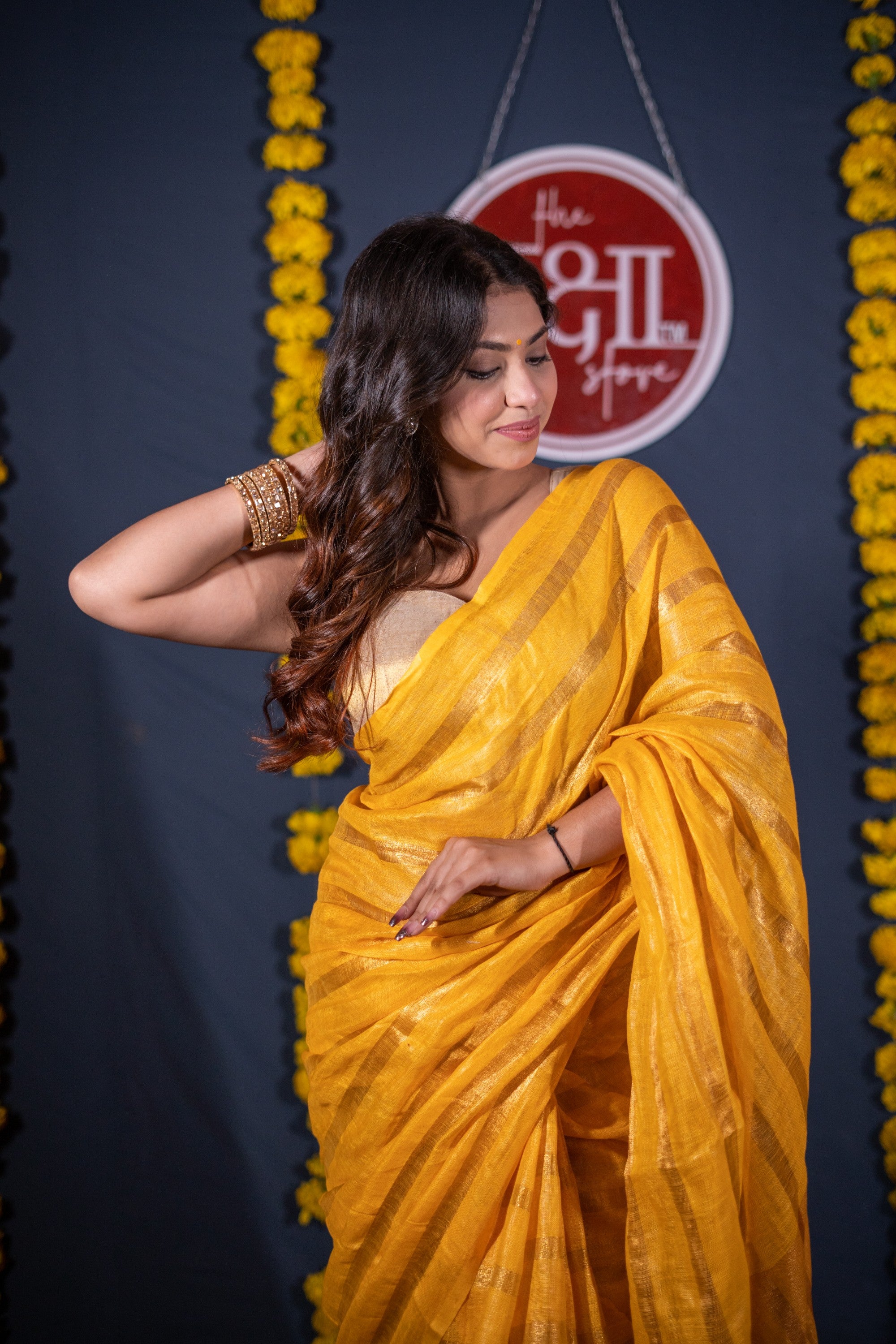Abhirupa- Yellow Striped Linen Saree