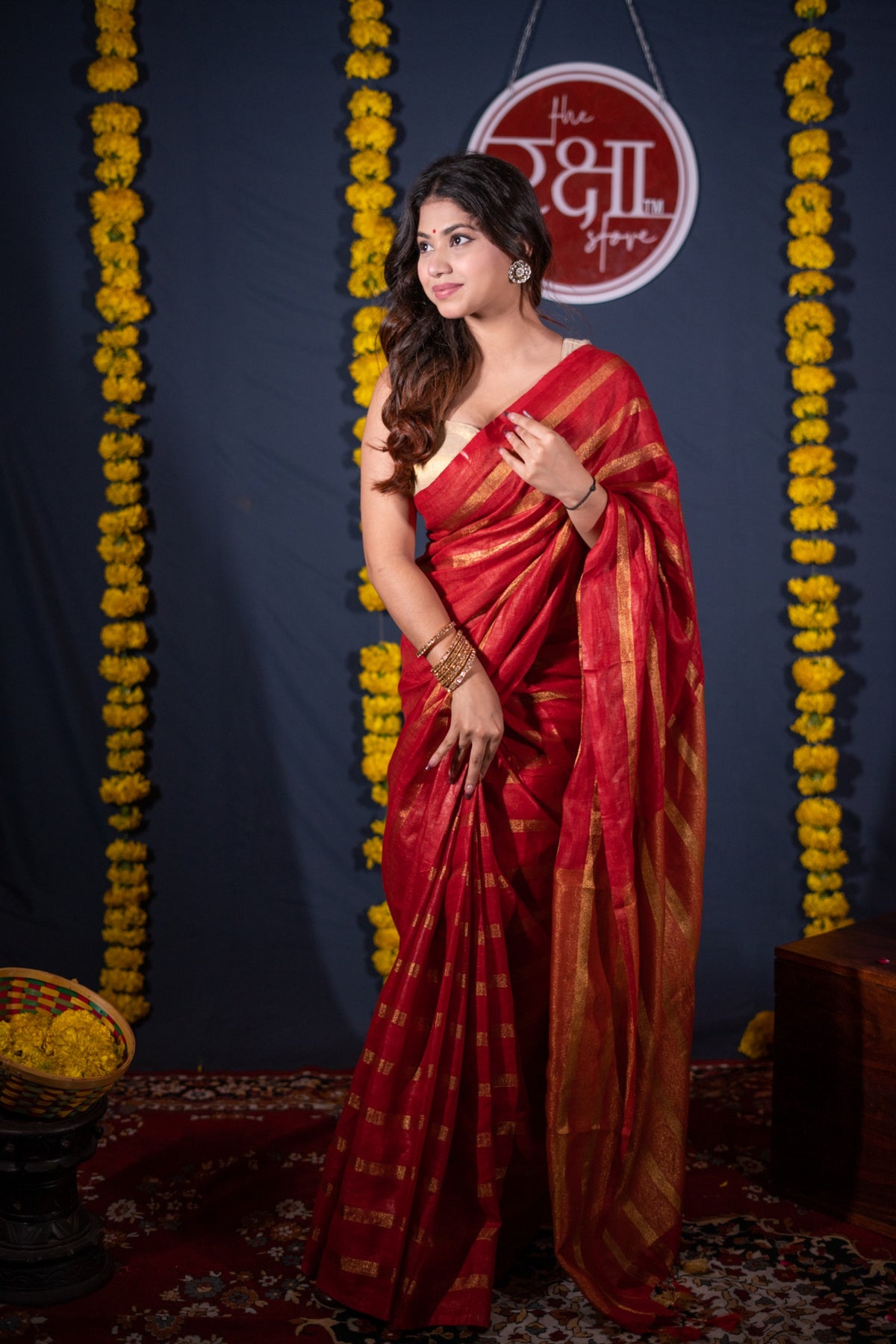 Dhvalima- Red Striped Linen Saree