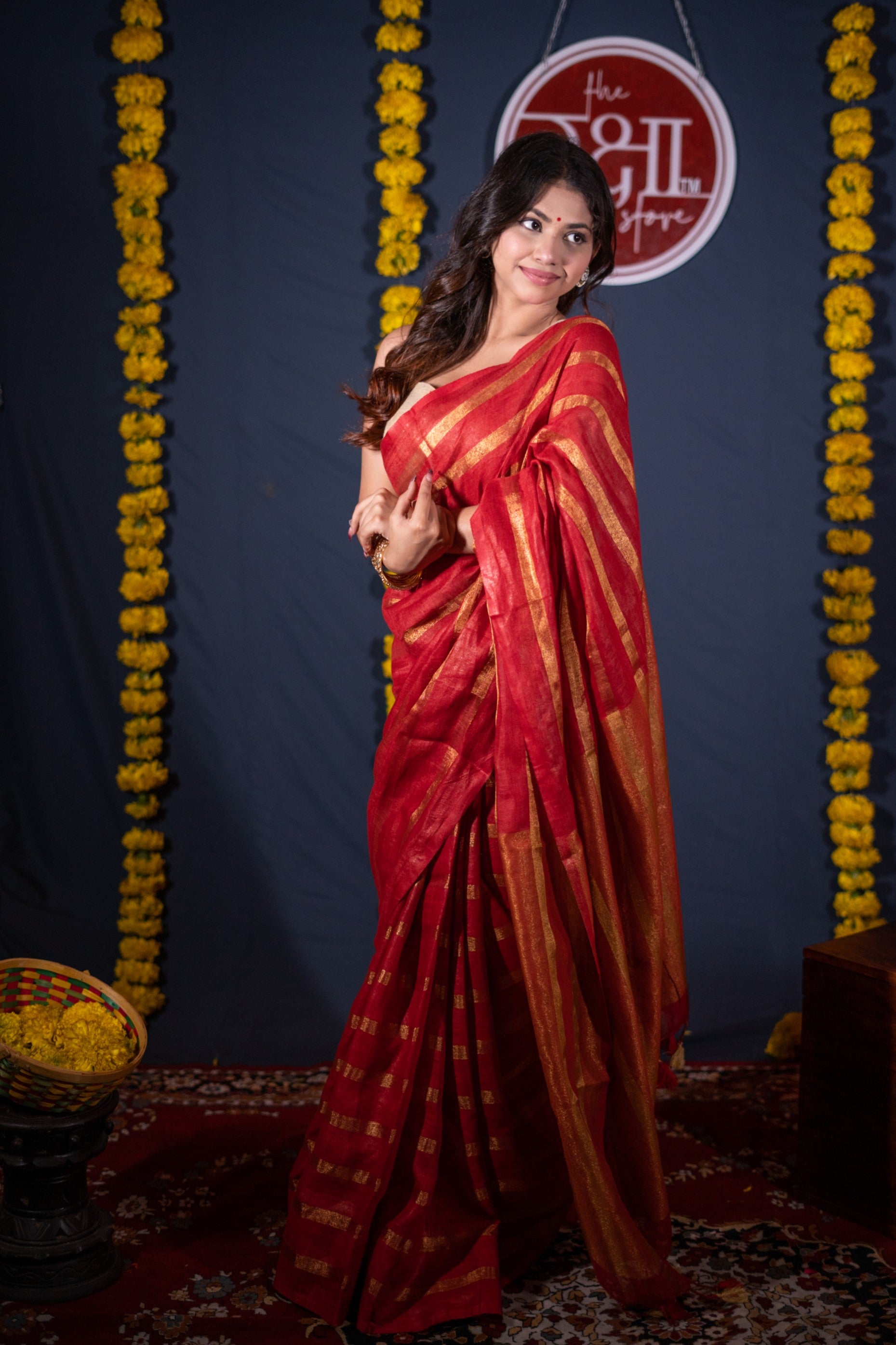 Dhvalima- Red Striped Linen Saree