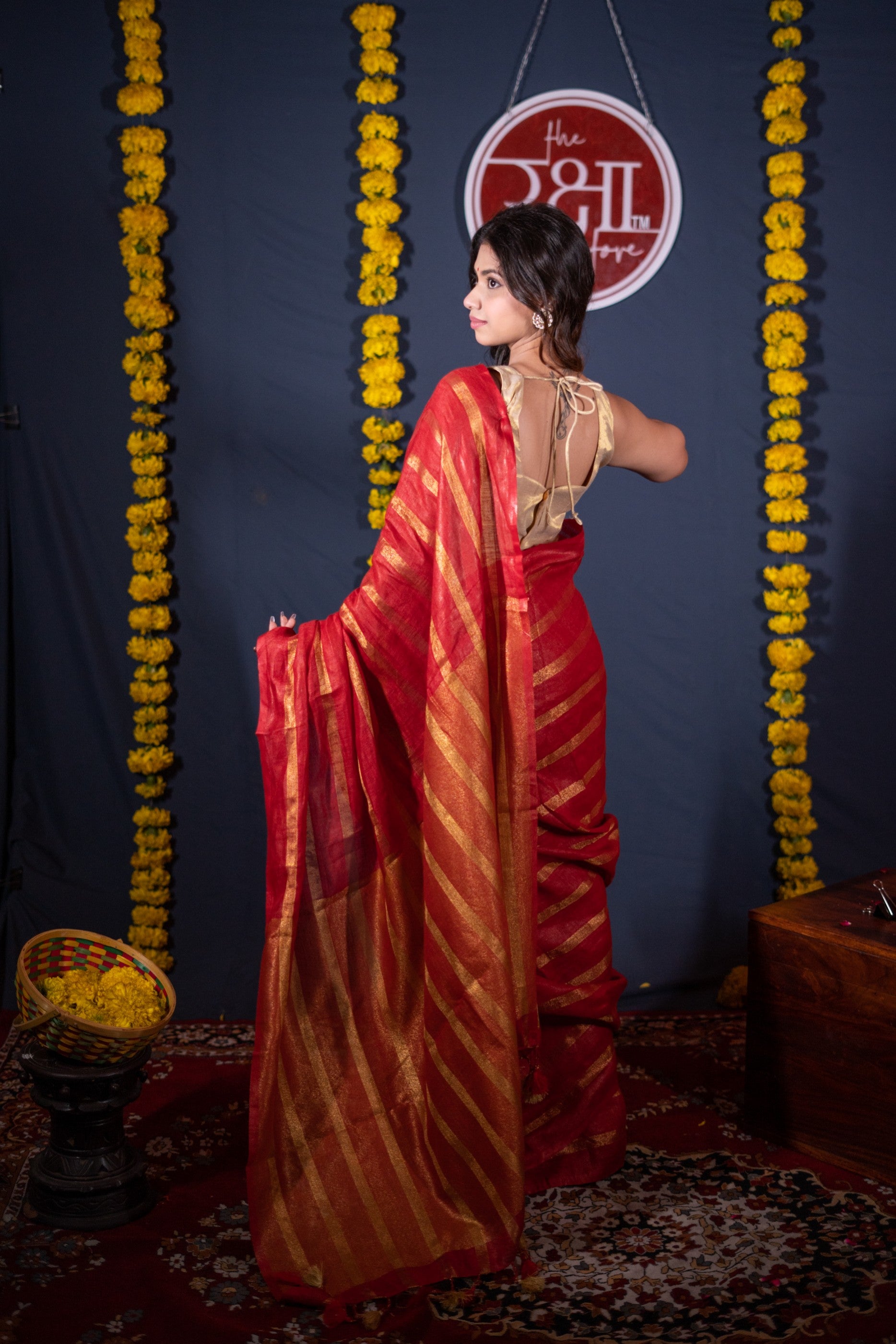 Dhvalima- Red Striped Linen Saree