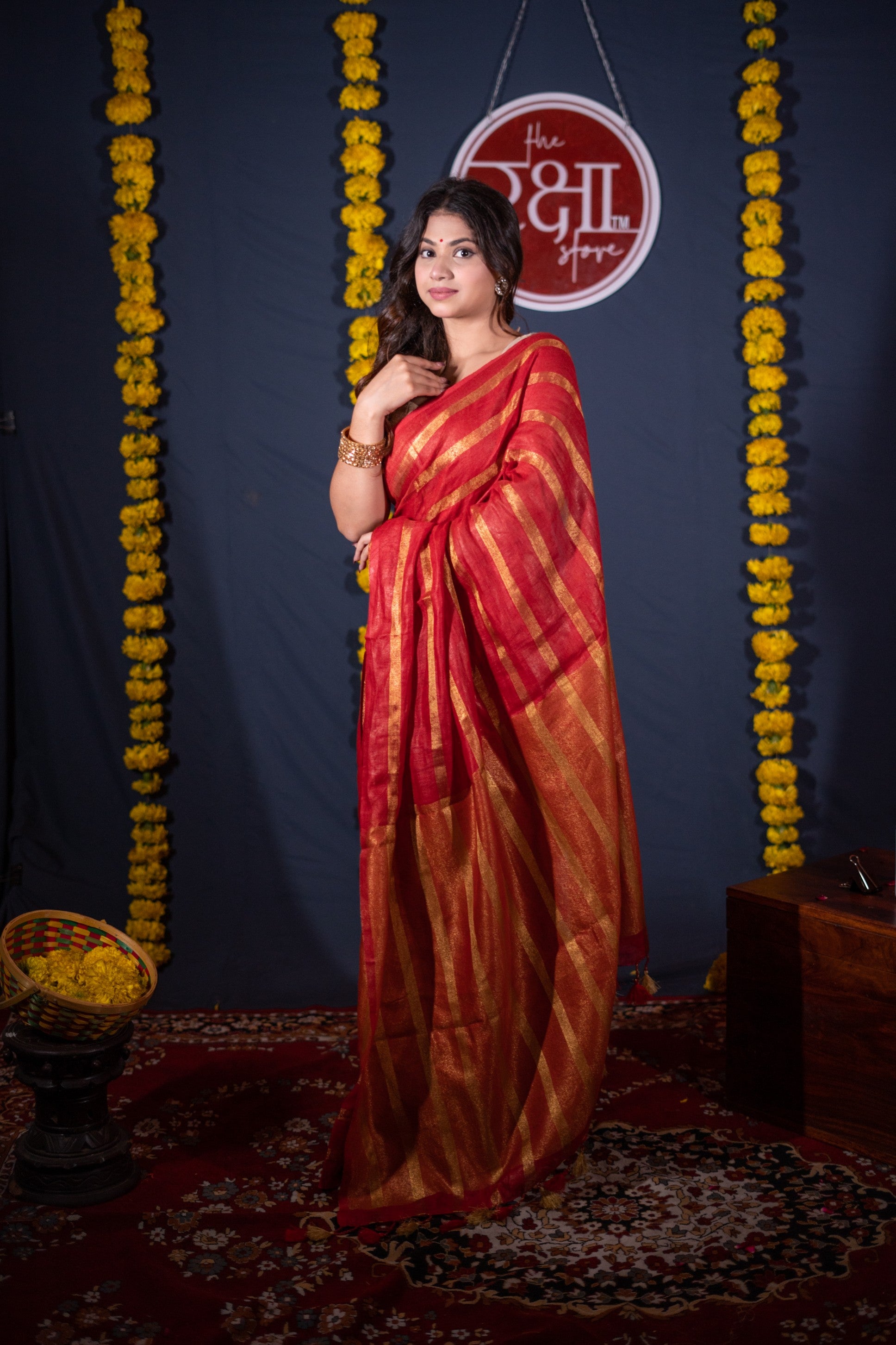Dhvalima- Red Striped Linen Saree