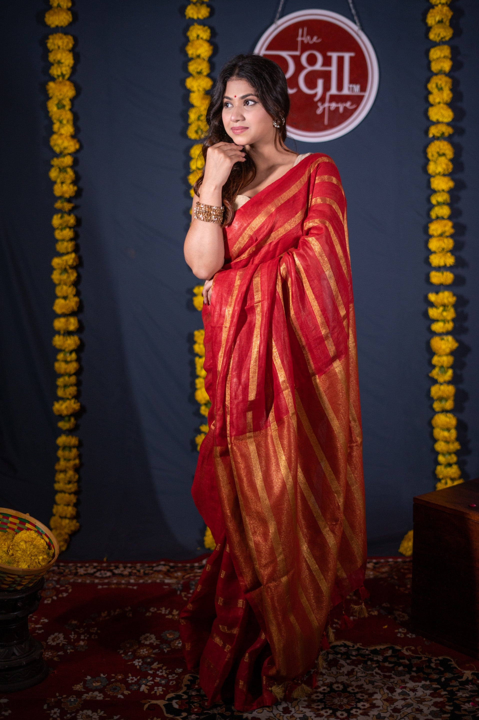 Dhvalima- Red Striped Linen Saree