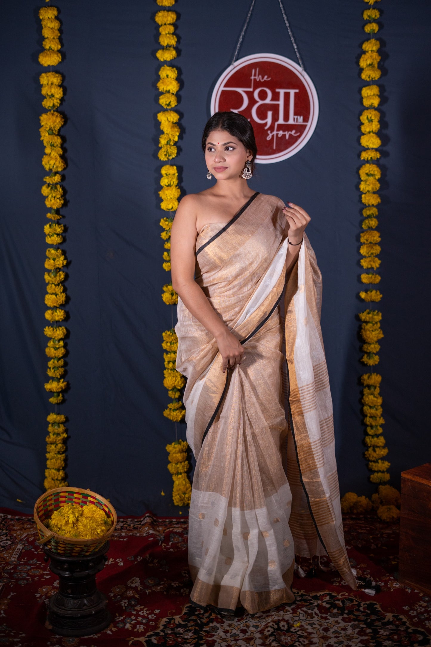 Mohini- White Golden Linen Saree