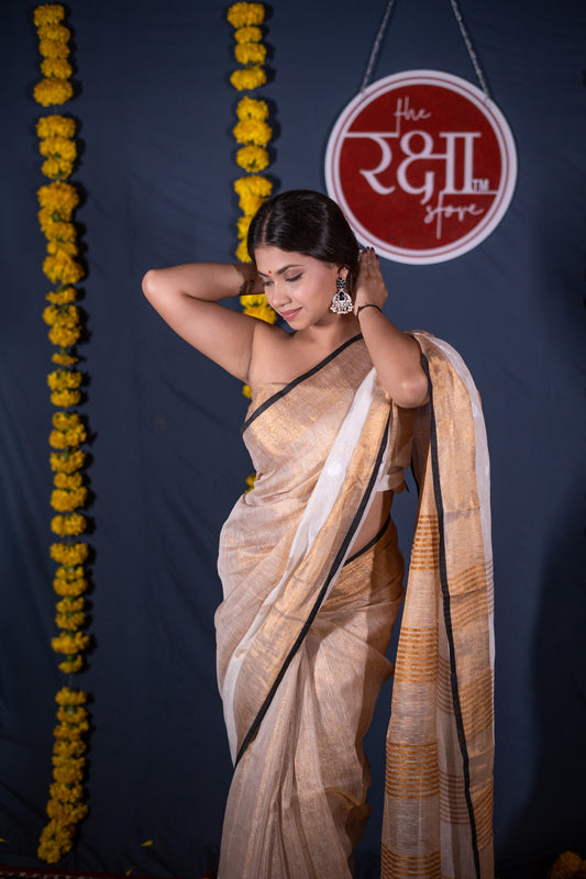 Mohini- White Golden Linen Saree