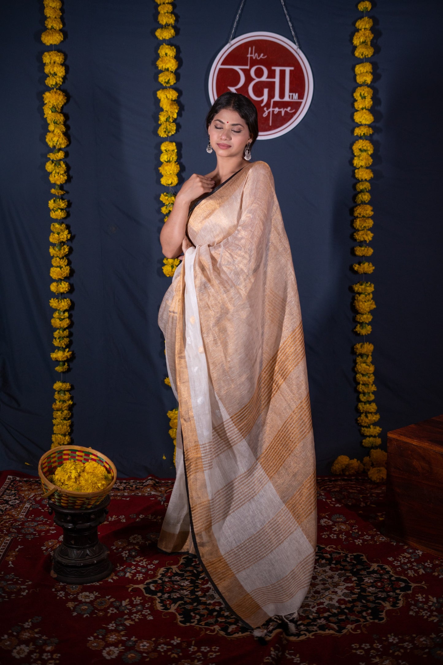 Mohini- White Golden Linen Saree