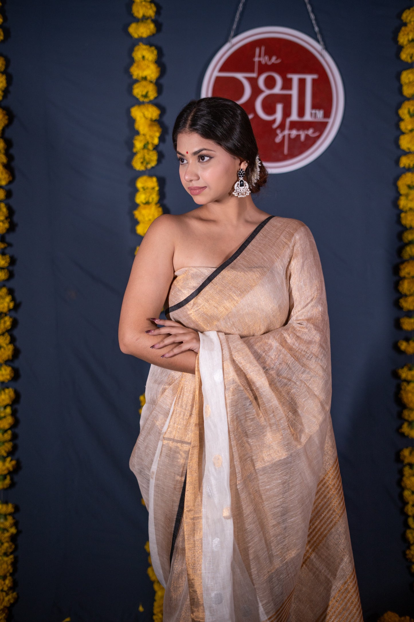Mohini- White Golden Linen Saree