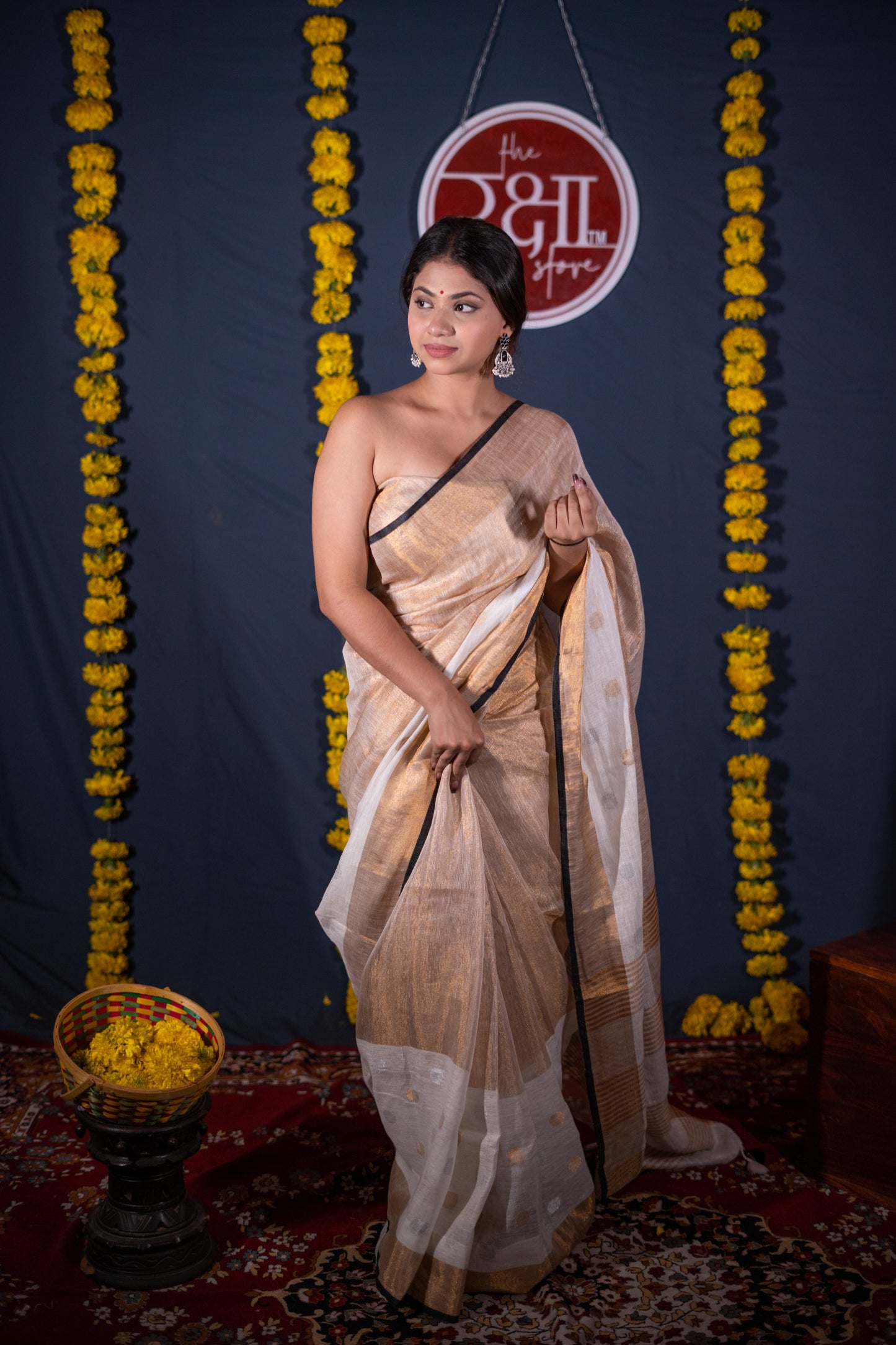 Mohini- White Golden Linen Saree