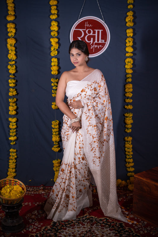 Prabha- White Silk Linen Saree