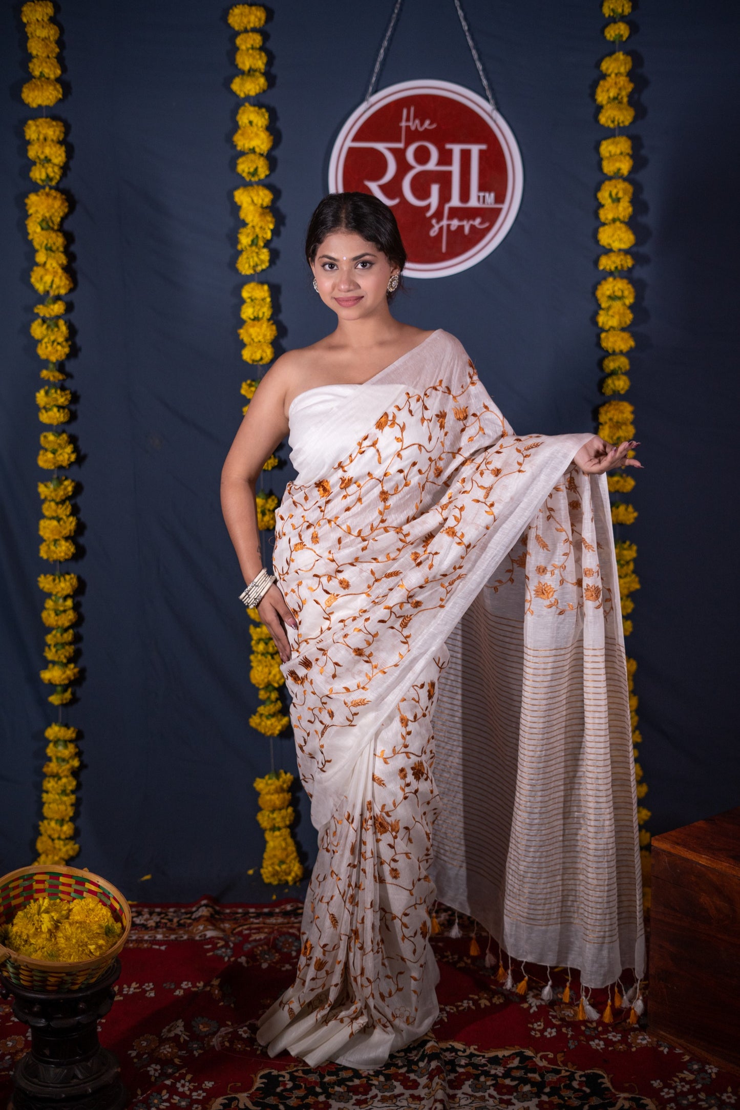 Prabha- White Silk Linen Saree