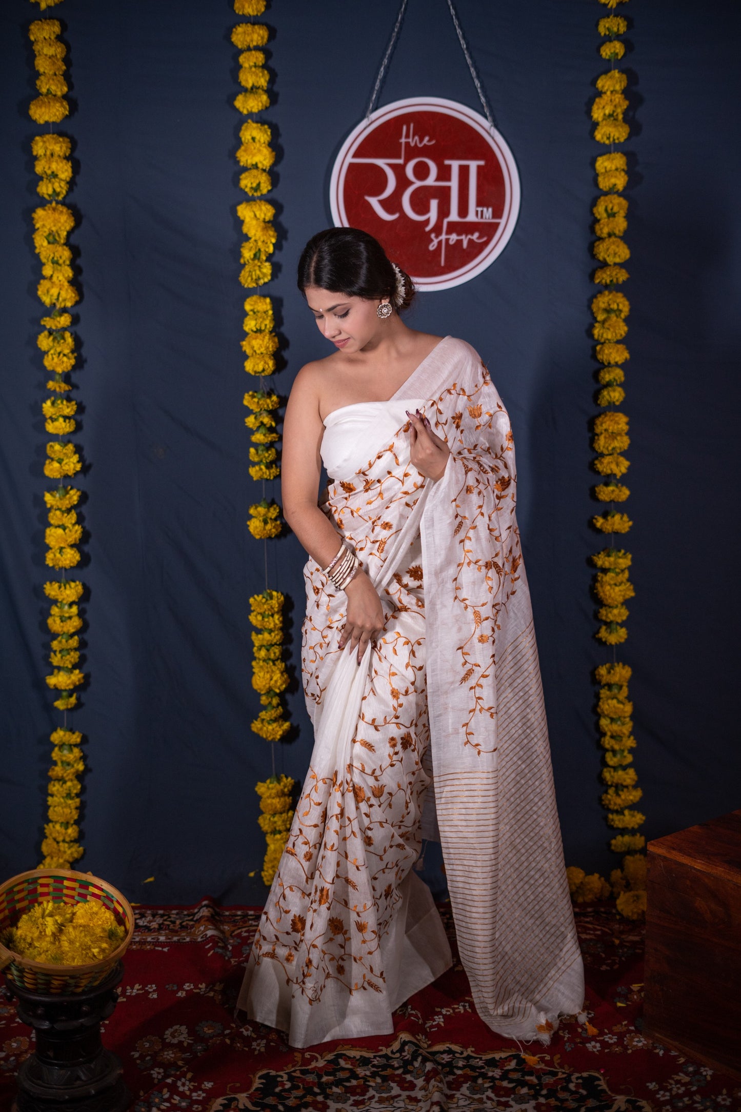 Prabha- White Silk Linen Saree