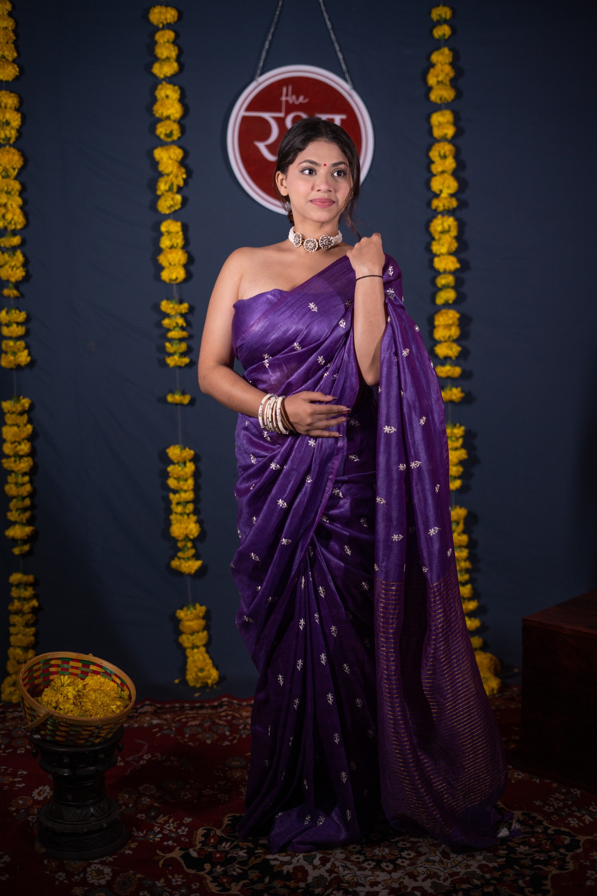 Madhulika- Purple Floral Silk Linen Saree